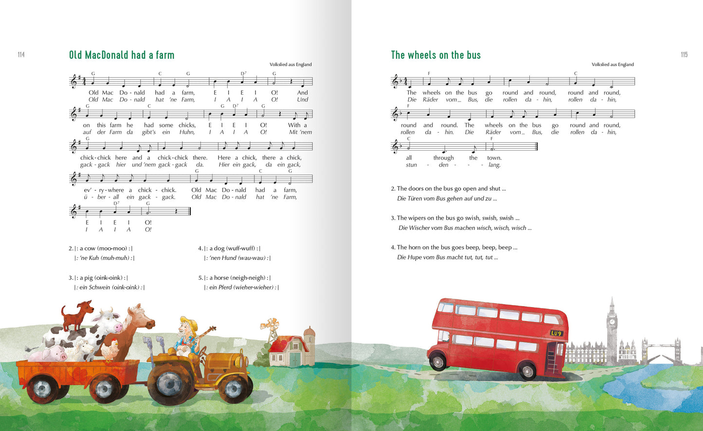 Gezeigt wird eine Innenansicht von „Meine schönsten Kinderlieder“. Auf der Doppelseite sind zwei Lieder abgebildet: „Old MacDonald had a farm“ und „The wheels on the bus“. Die Seiten sind in sanften Wasserfarben gestaltet, mit einer Illustration von einem Traktor, der mit Tieren beladen ist, auf der linken Seite; auf der rechten Seite fährt ein roter Doppeldeckerbus vor einer Stadtlandschaft. Die typografische Gestaltung umfasst klare, gut lesbare Schriftarten in verschiedenen...