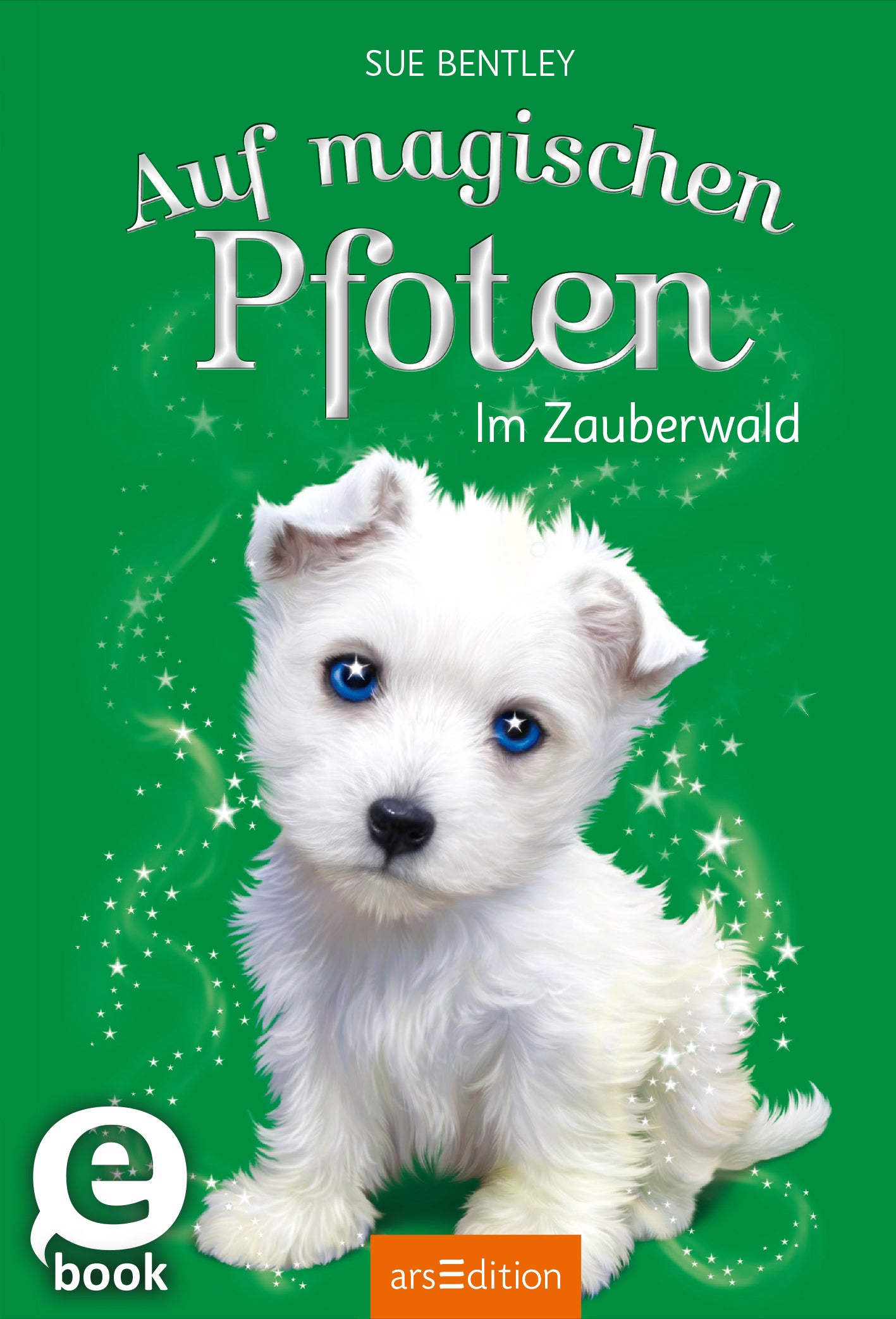 Das Buchcover zeigt einen weißen Welpen mit blauen Augen auf einem leuchtend grünen Hintergrund. Der Hund hat ein flauschiges Fell und eine neugierige Ausstrahlung. Darüber steht in geschwungener, heller Schrift der Titel „Auf magischen Pfoten“, während der Untertitel „Im Zauberwald“ in etwas kleinerer Schrift darunter platziert ist. Der Name der Autorin Sue Bentley ist am oberen Rand zu sehen. Oben links befindet sich der SPIEGEL-Bestseller-Button mit dem Text „Bestseller“....