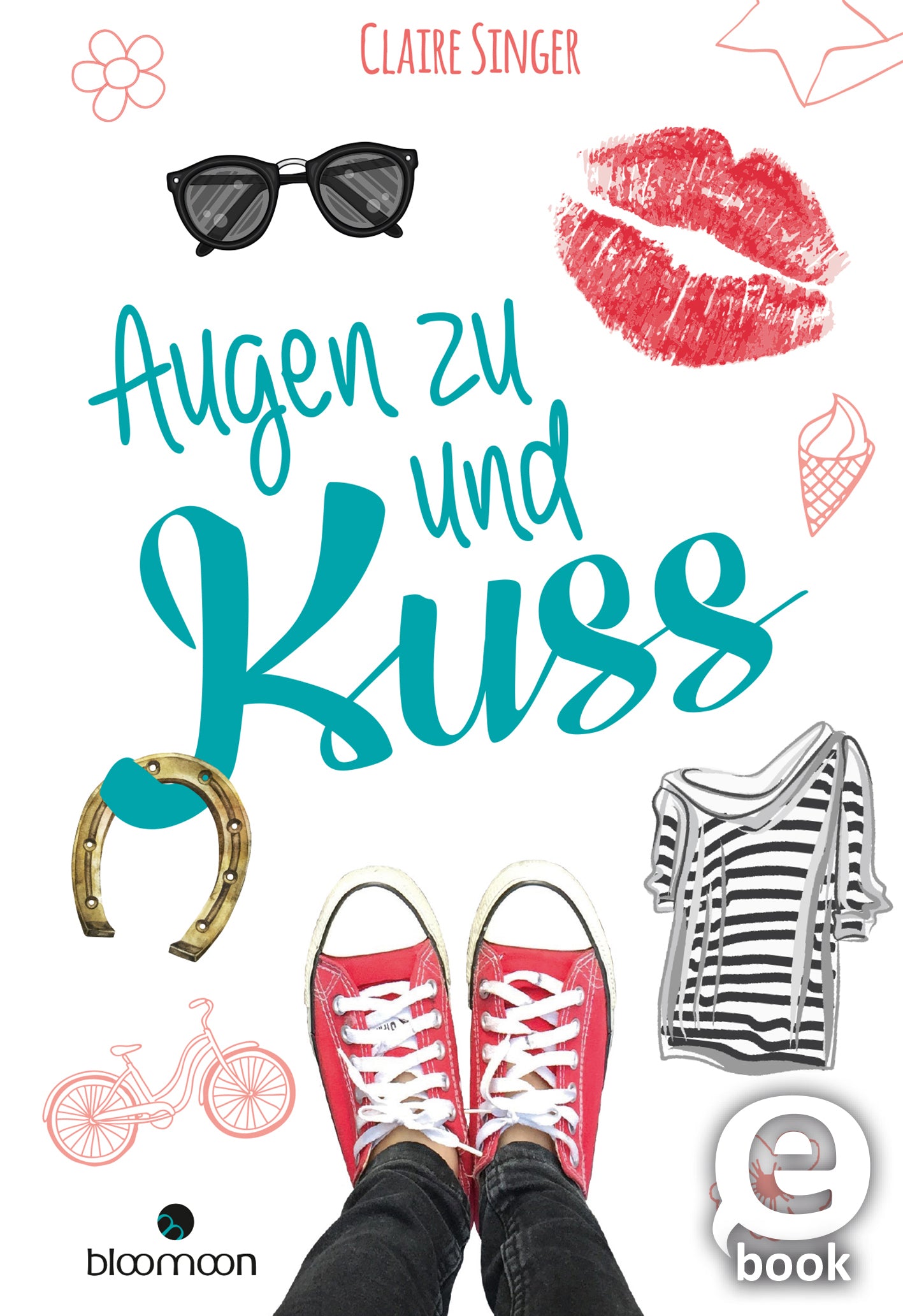 Das Buchcover zeigt den Titel „Augen zu und Kuss“ in lebhaftem Türkis, das versprüht eine sommerliche Leichtigkeit. Die Schrift ist modern und verspielt. In der oberen Ecke findet sich der Name der Autorin, Claire Singer, in kräftigem Rot. Um den Titel herum sind verschiedene Illustrationen, darunter eine Sonnenbrille, ein Lippenabdruck, ein Fahrrad und ein T-Shirt, die das jugendliche und fröhliche Thema unterstreichen. Ganz unten mittig steht der Logoschriftzug von arsEdition.