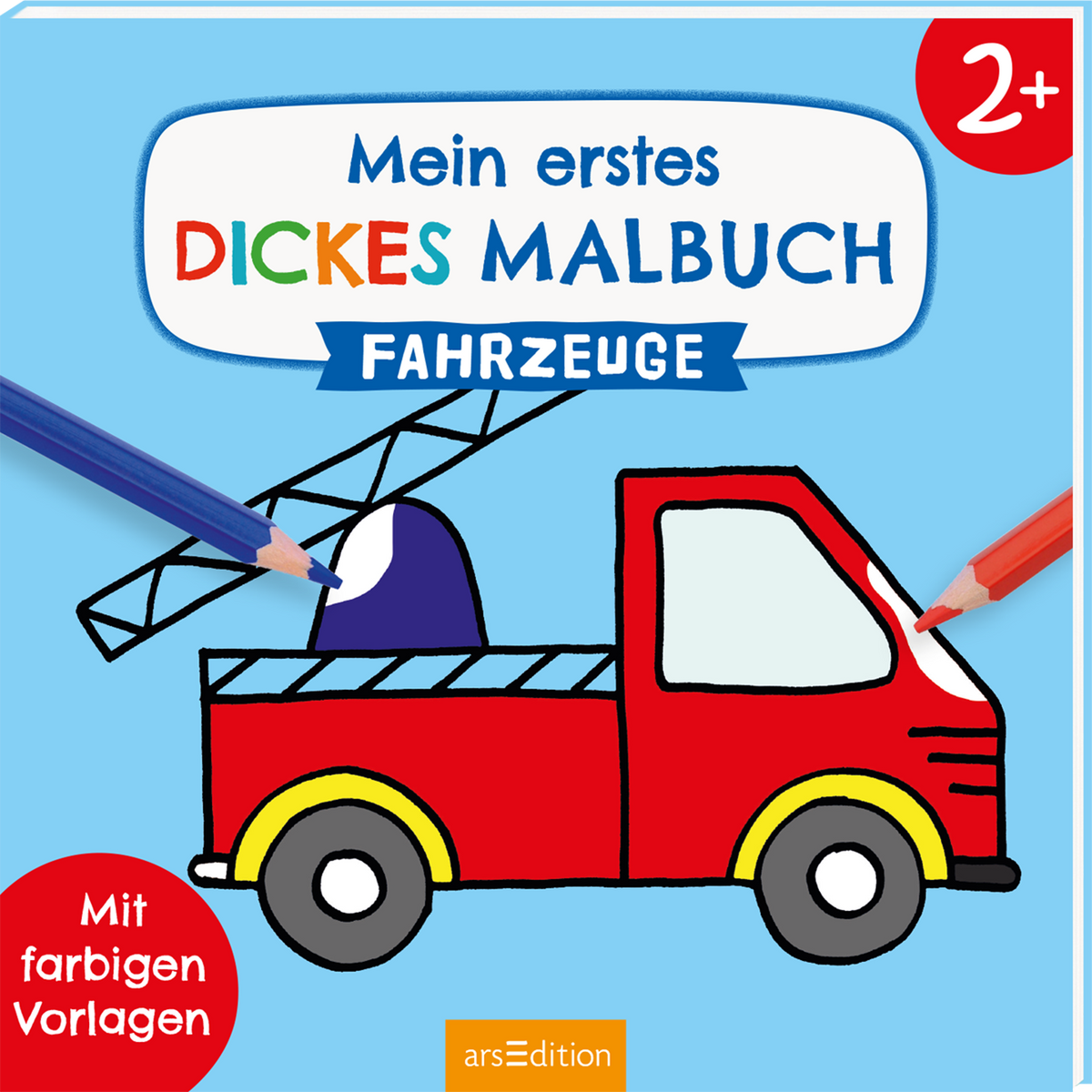 Zu sehen ist die 3D-Ansicht des Titels. Das Buchcover zeigt ein hellblaues Hintergrunddesign mit einem roten Feuerwehrfahrzeug, das prominent in der Mitte platziert ist. Über dem Fahrzeug steht in großen, rot umrandeten Buchstaben „Mein erstes dickes Malbuch“, während das Wort „Fahrzeuge“ in kräftigem Rot darunter hervorgehoben ist. Links oben sind bunte Buntstifte abgebildet, die eine kreative Atmosphäre schaffen. Unten rechts befindet sich ein grüner Kreis mit dem Text „mit...
