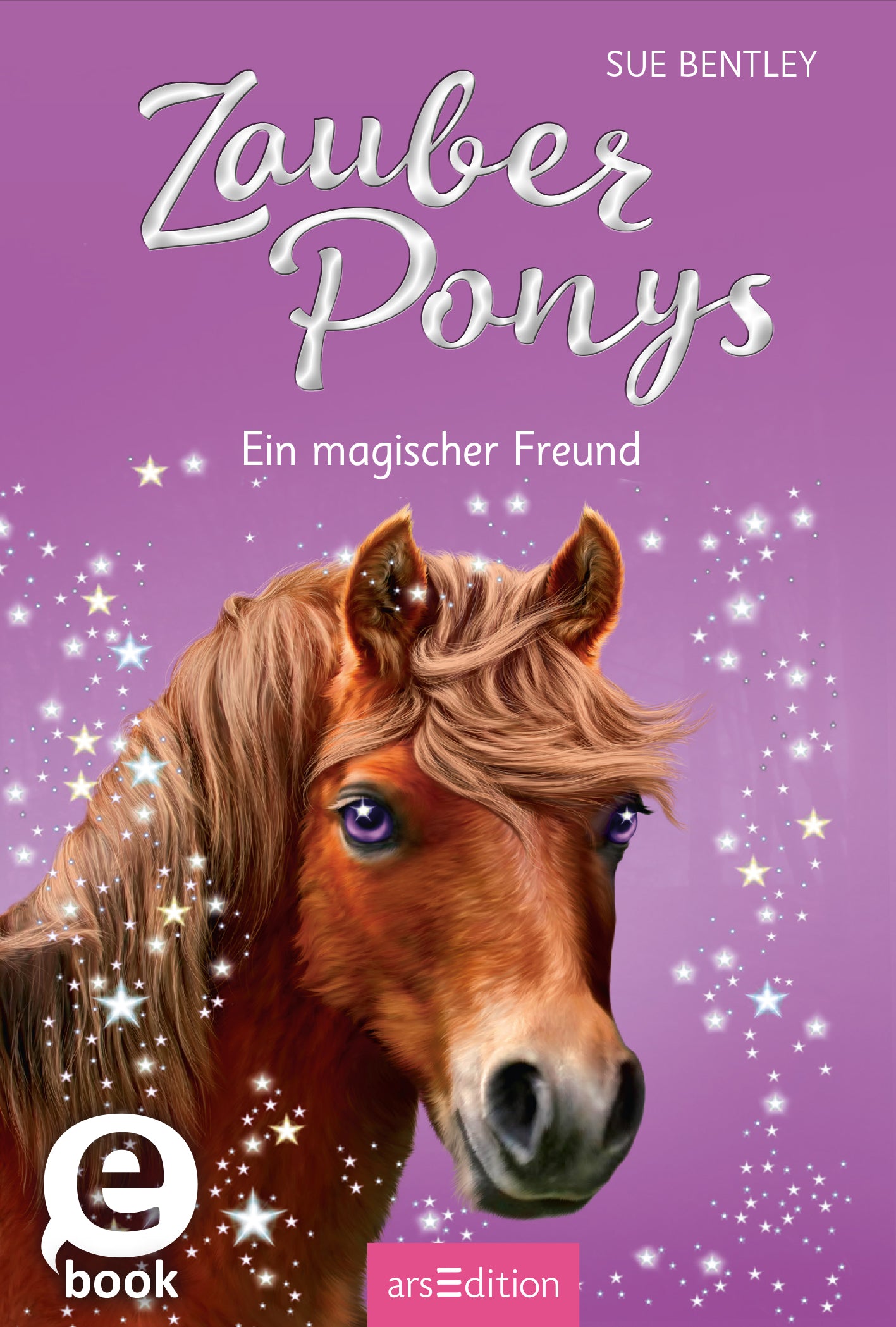 Das Buchcover zeigt ein bezauberndes, pferdeähnliches Wesen mit auffälliger Mähne und großem, freundlichem Blick in verschiedenen Brauntönen. Der Hintergrund ist in sanften Lila- und Violetttönen gehalten und mit funkelnden Sternen verziert, was eine magische Atmosphäre erzeugt. Der Titel „Zauber Ponys“ ist in verspielter, handschriftlicher Typografie oben platziert, während darunter der Untertitel „Ein magischer Freund“ in klarer Schrift steht. Ganz unten mittig steht der...