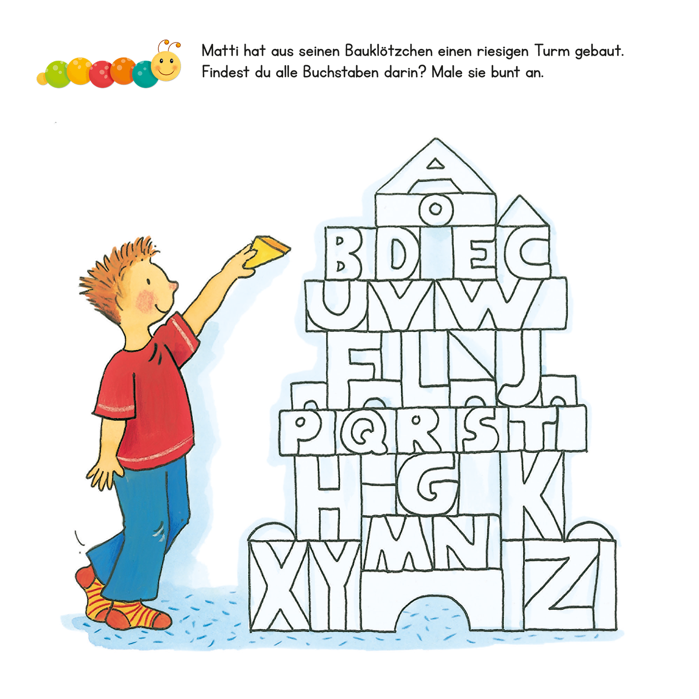 Gezeigt wird eine Innen- oder Zusatzansicht von „Lernraupe – Mein großes Übungsbuch für die Vorschule“. Die Illustration zeigt einen Jungen, der in einem roten T-Shirt und blauen Hosen einen großen Turm aus Bauklötzen betrachtet. Der Turm besteht aus Klötzen, die mit Buchstaben versehen sind. Die Farben sind lebhaft und freundlich, was eine einladende Lernumgebung schafft. Oben in der Übersicht steht der Text: „Matti hat aus seinen Bauklötzchen einen riesigen Turm gebaut.“ Die...