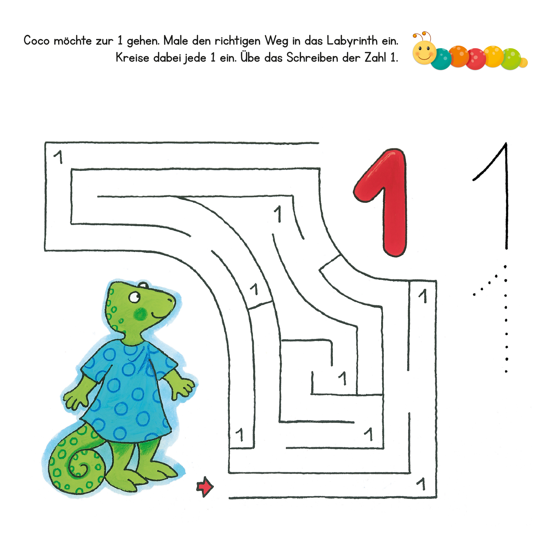 Gezeigt wird eine Innen- oder Zusatzansicht von „Lernraupe – Mein großes Übungsbuch für die Vorschule“. Das Bild zeigt ein Labyrinth mit der Zahl 1 in der Mitte und mehreren kleinen Ziffern 1, die den Weg markieren. Links steht eine grüne Figur mit einer blauen, gepunkteten Bluse. Der Hintergrund ist hell und die Farben sind freundlich und einladend. Der Text oben fordert die Kinder auf, den richtigen Weg ins Labyrinth zu malen.