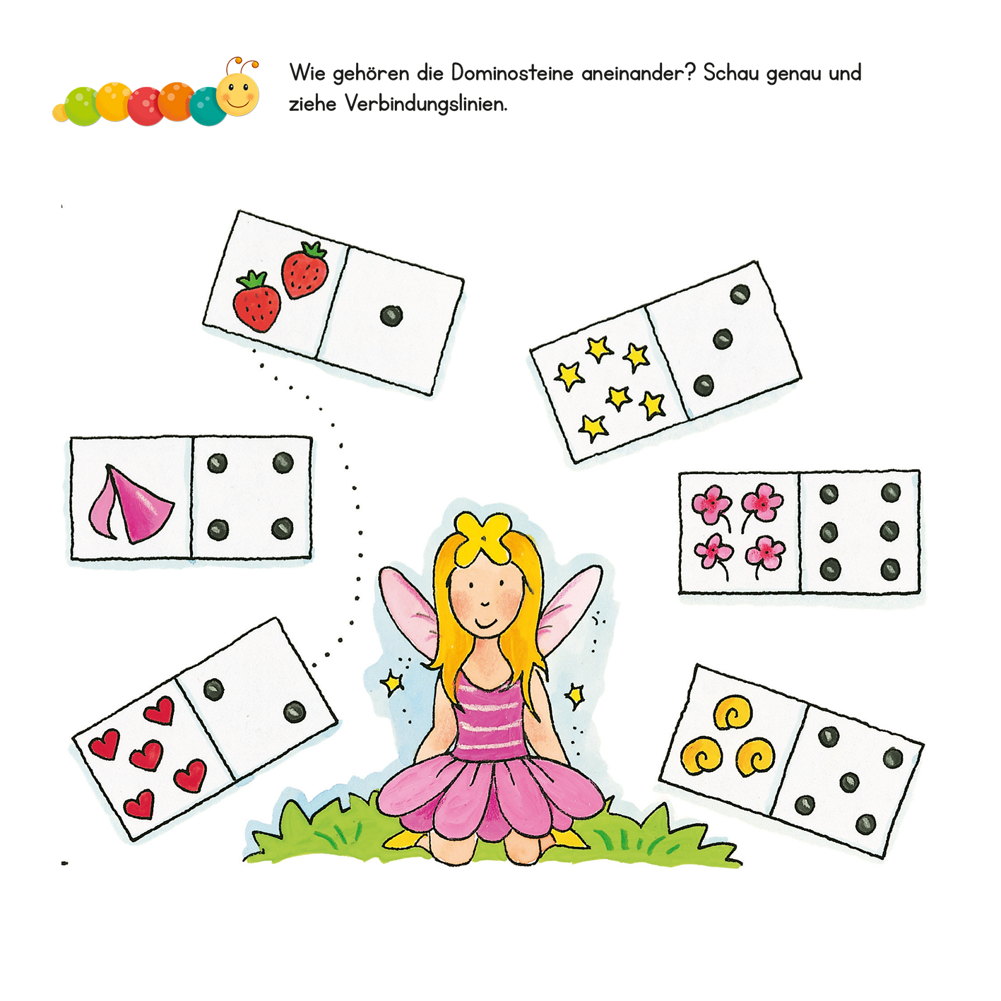 Gezeigt wird eine Innen- oder Zusatzansicht von „Lernraupe – Mein großes Übungsbuch für die Vorschule“. Die Abbildung zeigt ein farbenfrohes Layout mit einer hübschen kleinen Fee in einem pinken Kleid, die mit einem Lächeln im Mittelpunkt steht. Um sie herum sind verschiedene Dominosteine mit unterschiedlichen Motiven, wie Erdbeeren, Herzen und Blumen, angeordnet. Die fröhlichen Farben und die klare, kindgerechte Typografie unterstützen das Lernen und die Interaktivität.