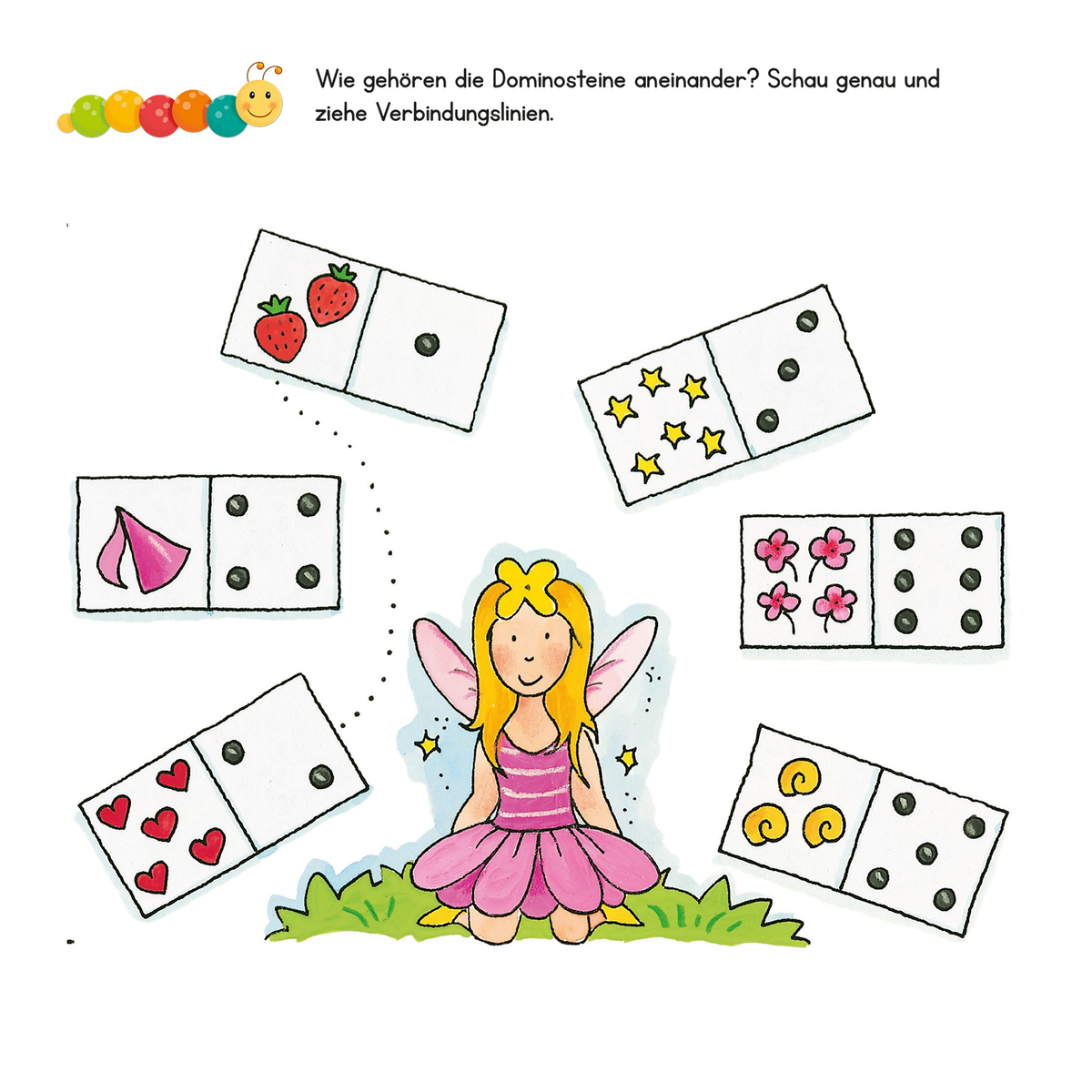 Gezeigt wird eine Innen- oder Zusatzansicht von „Lernraupe – Mein großes Übungsbuch für die Vorschule“. Die Abbildung zeigt ein farbenfrohes Layout mit einer hübschen kleinen Fee in einem pinken Kleid, die mit einem Lächeln im Mittelpunkt steht. Um sie herum sind verschiedene Dominosteine mit unterschiedlichen Motiven, wie Erdbeeren, Herzen und Blumen, angeordnet. Die fröhlichen Farben und die klare, kindgerechte Typografie unterstützen das Lernen und die Interaktivität.