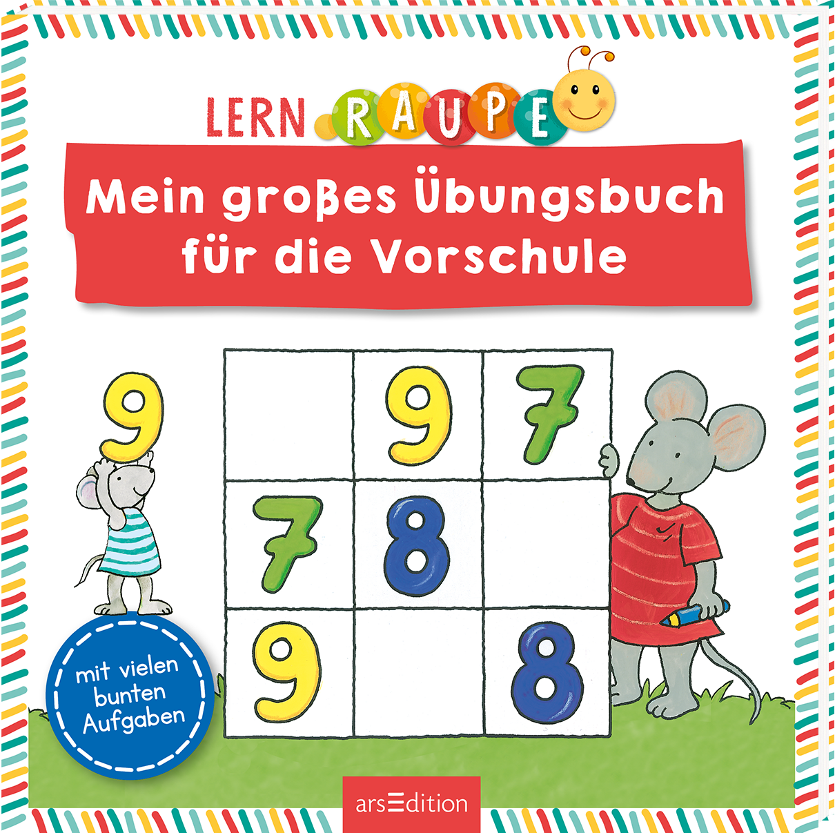 Das Buchcover zeigt einen freundlichen, bunten Hintergrund mit einem gestreiften Rand. In der Mitte ist ein Feld mit großen, bunten Zahlen (9, 7, 8, 6) abgebildet, umgeben von zwei niedlichen Mäusen. Eine Maus trägt ein gestreiftes T-Shirt und ist auf der linken Seite sichtbar, während die andere Maus auf der rechten Seite steht und ein Spielzeug hält. Der Titel „Mein großes Übungsbuch für die Vorschule“ ist in großer roter Schrift hervorgehoben. Ganz unten mittig steht der...
