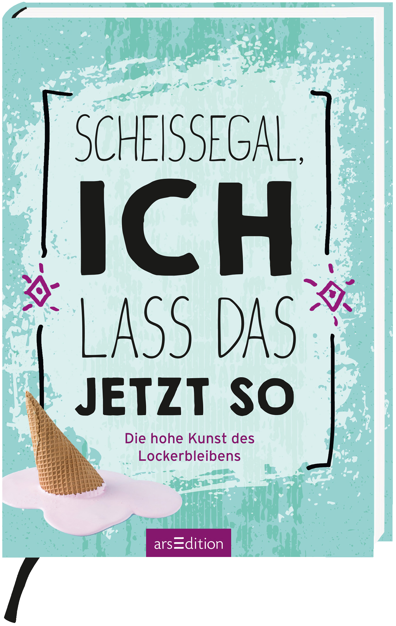 Das Buchcover zeigt einen mintgrünen Hintergrund mit verspielten, handschriftlichen Elementen. Der Titel „SCHEISSEGAL, ICH LASS DAS JETZT SO“ ist in großen, schwarzen Buchstaben prominent platziert. Unterhalb des Titels steht in kleineren, sanften Buchstaben „Die hohe Kunst des Lockerbleibens“. Ein Schokoladeneis mit einer schmelzenden Spitze ist am unteren Rand abgebildet. Ganz oben rechts befindet sich ein SPIEGEL-Bestseller-Button mit dem Text „SPIEGEL-Bestseller“. Ganz unten...