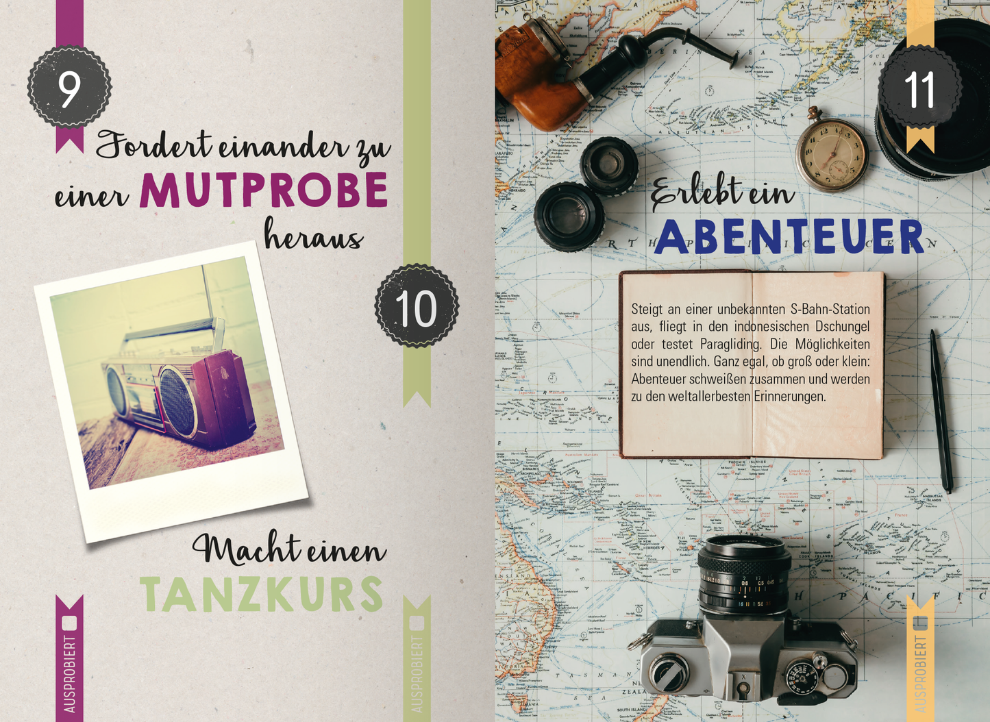 Gezeigt wird eine Innen- oder Zusatzansicht von „99 herrlich verrückte Ideen für euer Leben zu zweit“. Auf der linken Seite sind die nummerierten Vorschläge „fordert einander zu einer MUTprobe heraus“ und „macht einen TANZkurs“ abgebildet, umrahmt von bunten Akzenten in Lila und Grün. Die rechte Seite präsentiert den Vorschlag „Erlebt ein ABENTEUER“ in auffälligem Blau, umgeben von Bildern von einer Landkarte, einer Kamera und einem Kompass. Die Schriftarten variieren...