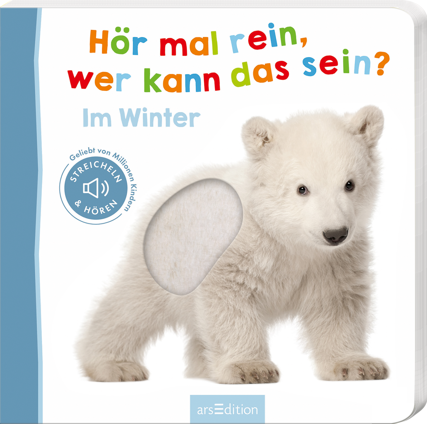 Das Buchcover zeigt einen niedlichen, weißen Eisbären, der auf einem hellen Hintergrund steht. Oben in bunten, verspielten Buchstaben steht der Titel „Hör mal rein, wer kann das sein?“. Darunter befindet sich der Zusatz „Im Winter“ in einer sanften blauen Schrift. Auf der linken Seite ist ein Interaktionsfeld mit einem grauen, runden Bereich zum Streicheln, begleitet von dem Hinweis „STREICHELN & HÖREN“. Ein „SPIEGEL-Bestseller“-Button befindet sich ebenfalls oben links....