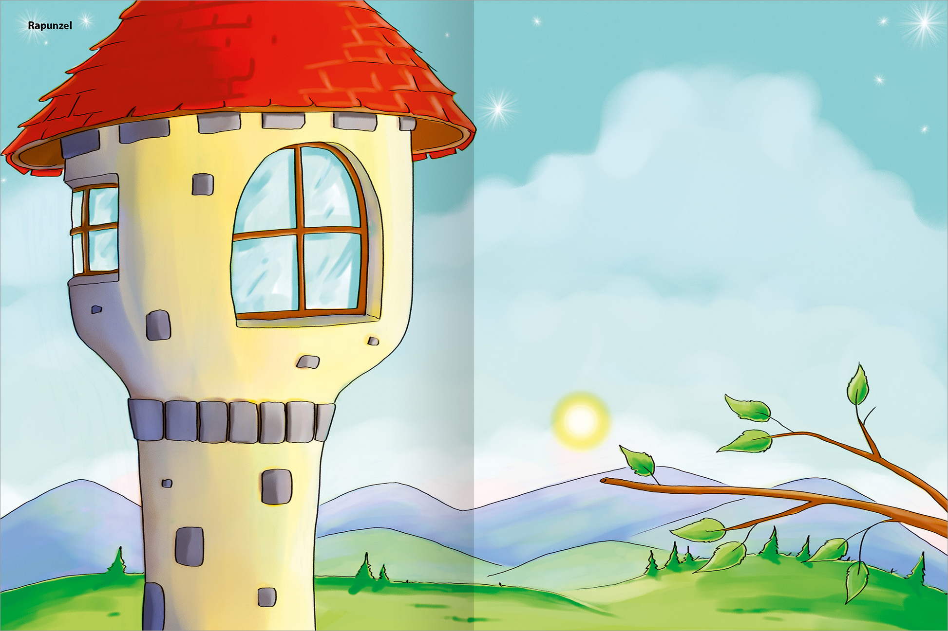 Gezeigt wird eine Innen- oder Zusatzansicht von „Erstes Stickern – Märchen“. Die Illustration zeigt einen mittelalterlichen Turm mit einer rot gedeckten Spitzdach. Der Turm ist in sanften Gelbtönen gehalten und hat große Fenster mit einem klaren Blick nach außen. Im Hintergrund erstrecken sich sanfte, grüne Hügel unter einem hellblauen Himmel, in dem die Sonne strahlt. Die Farben sind lebhaft und laden zur fantasievollen Entdeckung ein.