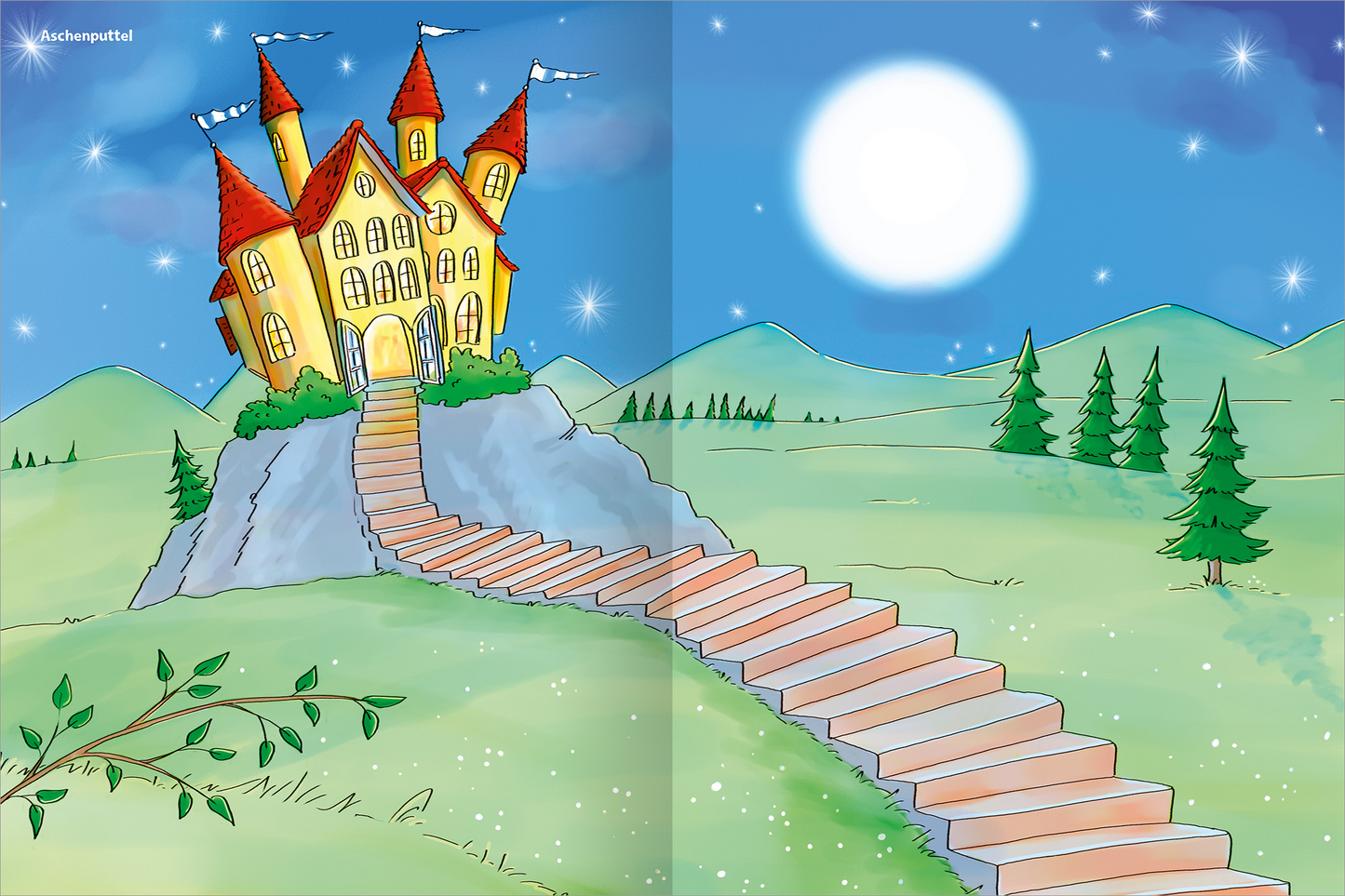 Gezeigt wird eine Innen- oder Zusatzansicht von „Erstes Stickern – Märchen“. Im Mittelpunkt steht ein leuchtend gelbes Schloss mit roten Türmchen, das auf einem grauen Felsen thront. Eine schlichte Treppe führt hinauf zum Eingang. Der Hintergrund zeigt sanfte grüne Hügel und vereinzelte Nadelbäume. Der Himmel ist in einem tiefen Blau gehalten, wobei ein strahlender, großer Mond die Szene erleuchtet. Die kinderfreundliche, verspielte Typografie ergänzt das märchenhafte Setting.