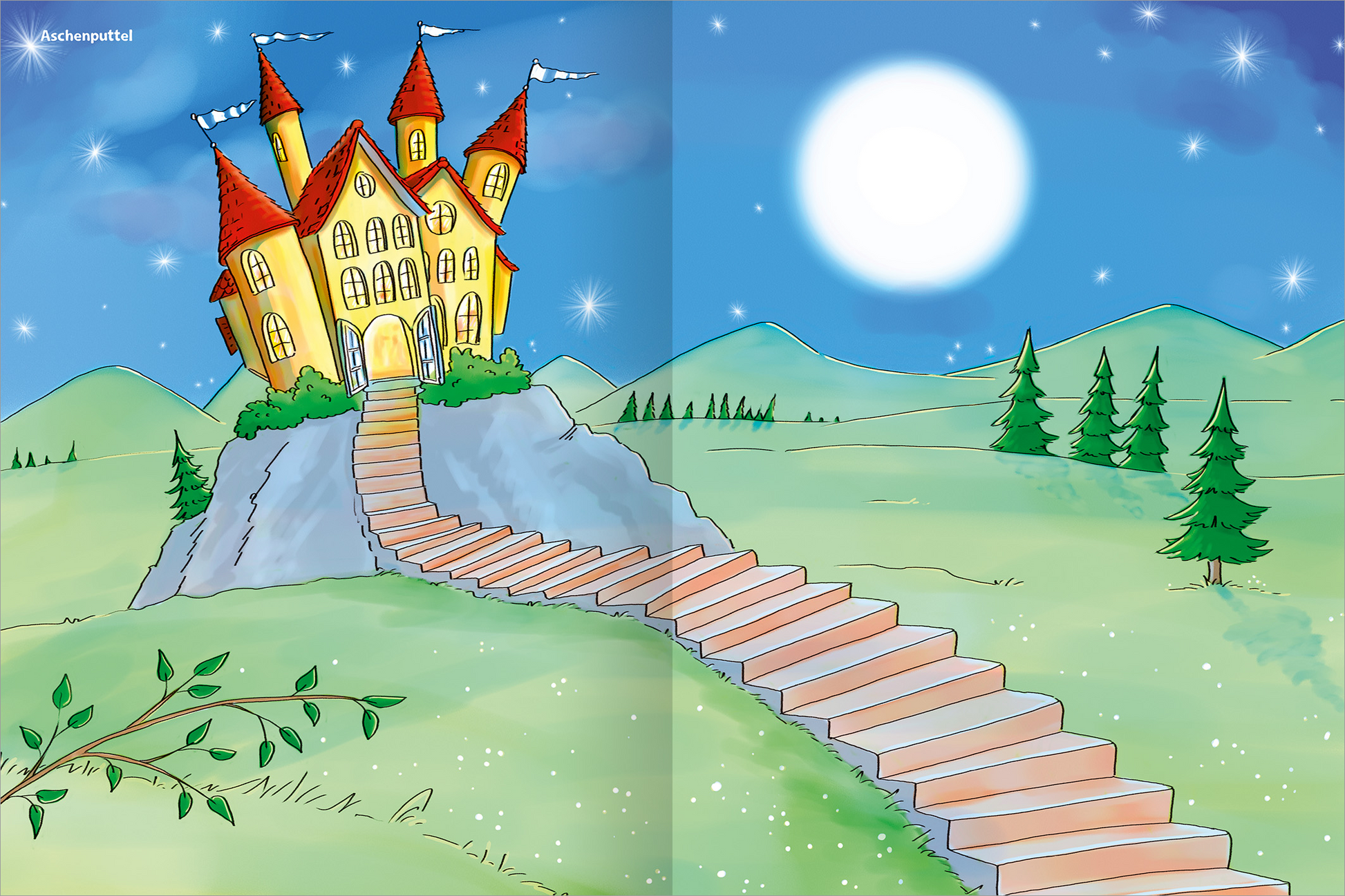 Gezeigt wird eine Innen- oder Zusatzansicht von „Erstes Stickern – Märchen“. Im Mittelpunkt steht ein leuchtend gelbes Schloss mit roten Türmchen, das auf einem grauen Felsen thront. Eine schlichte Treppe führt hinauf zum Eingang. Der Hintergrund zeigt sanfte grüne Hügel und vereinzelte Nadelbäume. Der Himmel ist in einem tiefen Blau gehalten, wobei ein strahlender, großer Mond die Szene erleuchtet. Die kinderfreundliche, verspielte Typografie ergänzt das märchenhafte Setting.