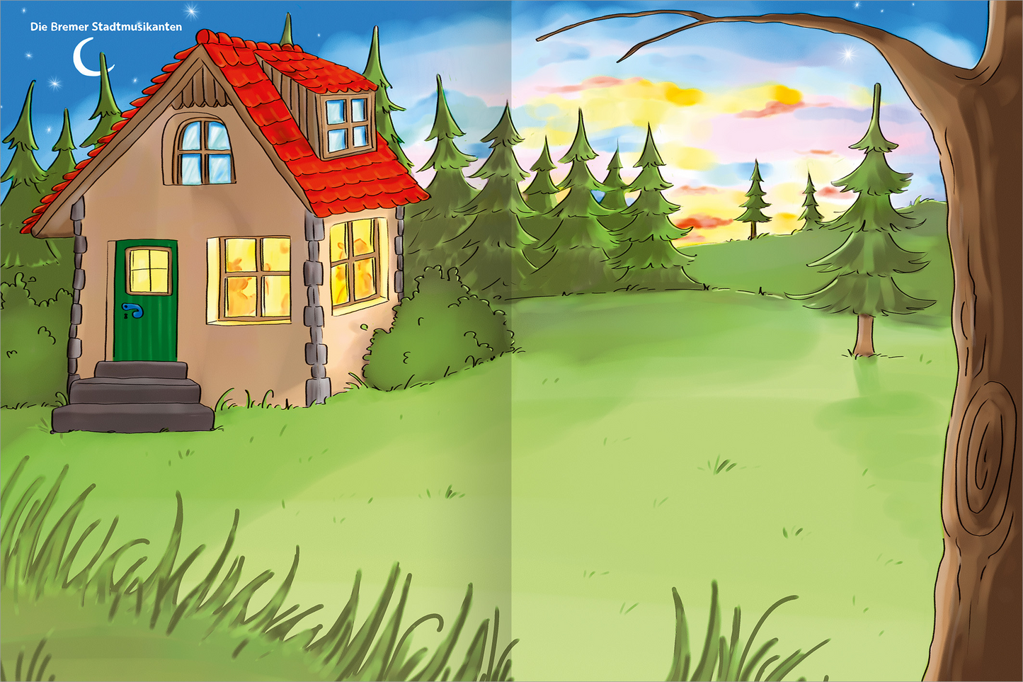 Gezeigt wird eine Innen- oder Zusatzansicht von „Erstes Stickern – Märchen“. Die Illustration zeigt ein gemütliches, kleines Haus mit rotem Satteldach und grüner Tür. Vermutlich aus Stein, ist die Fassade warm gehalten. Im Vordergrund erstreckt sich eine saftig grüne Wiese, flankiert von hohen, grünen Tannenbäumen. Der Himmel zeigt sanfte Pastellfarben, die auf einen Sonnenuntergang hindeuten, während Äste eines Baumes rechts im Bild sichtbar sind.