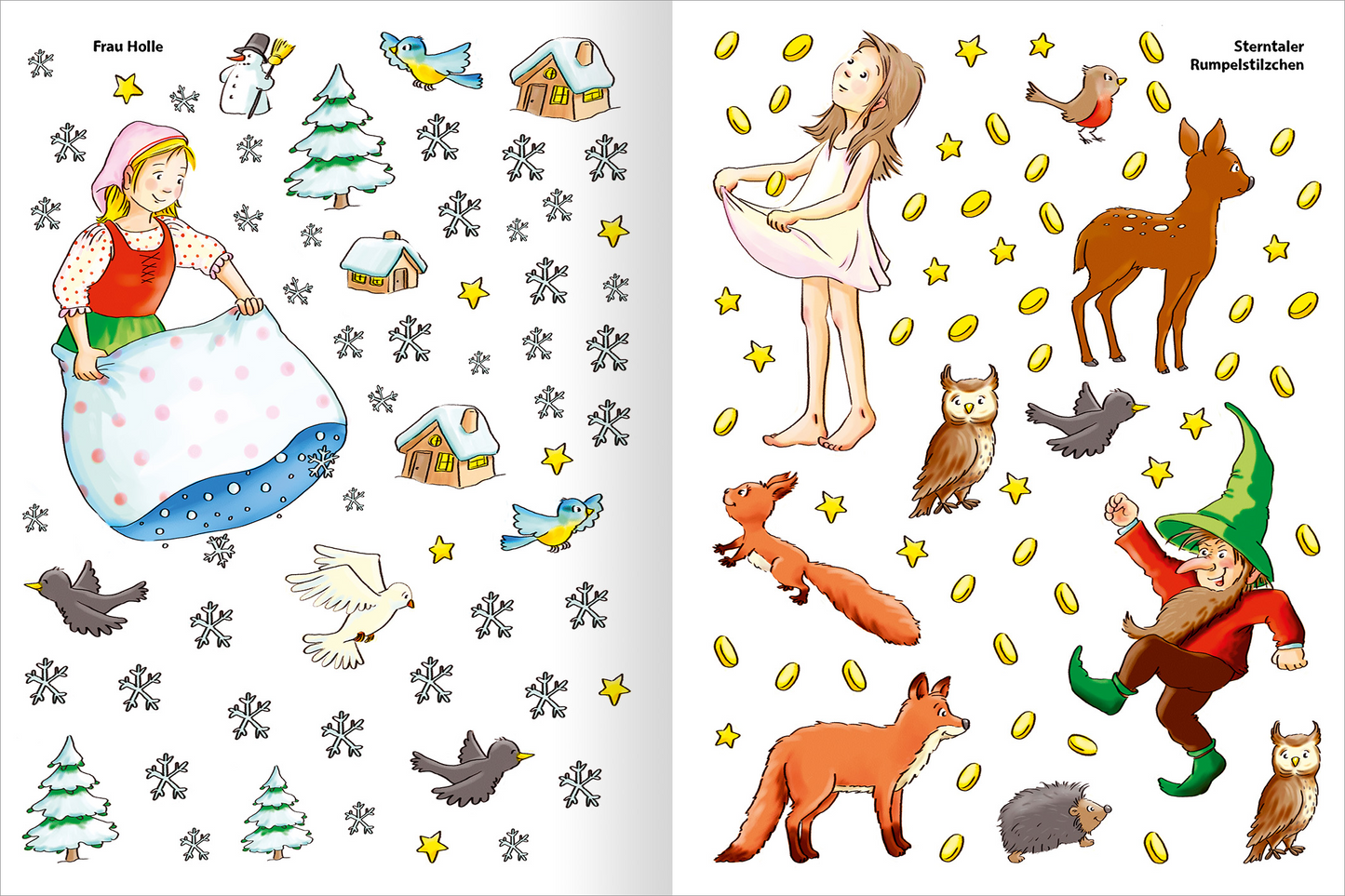 Gezeigt wird eine Innen- oder Zusatzansicht von „Erstes Stickern – Märchen“. Die Seite zeigt auf der linken Seite eine bunte Darstellung von Frau Holle, umgeben von Schneeflocken, Tannenbäumen, Vögeln und kleinen Häuschen in pastelligen Farben. Auf der rechten Seite halten sich verschiedene Märchenfiguren auf, darunter ein fröhlicher Rumpelstilzchen und ein Reh, umgeben von goldenen Münzen und weiteren Tieren.
