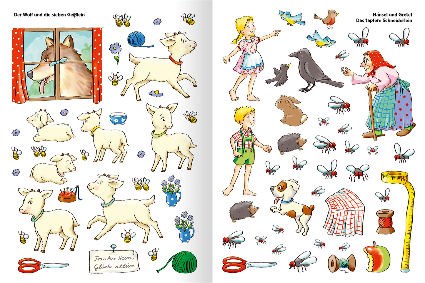 Gezeigt wird eine Innen- oder Zusatzansicht von „Erstes Stickern – Märchen“. Die Illustration zeigt eine bunte, verspielte Darstellung mit verschiedenen Figuren und Tieren. Auf der linken Seite sind ein Wolf, Lämmer und Blumen zu sehen, während die rechte Seite einen Jungen, ein Mädchen, Vögel, sowie mehrere Insekten und weitere Tiere zeigt. Die Farben sind lebhaft, hauptsächlich in Gelb, Blau und Grün.