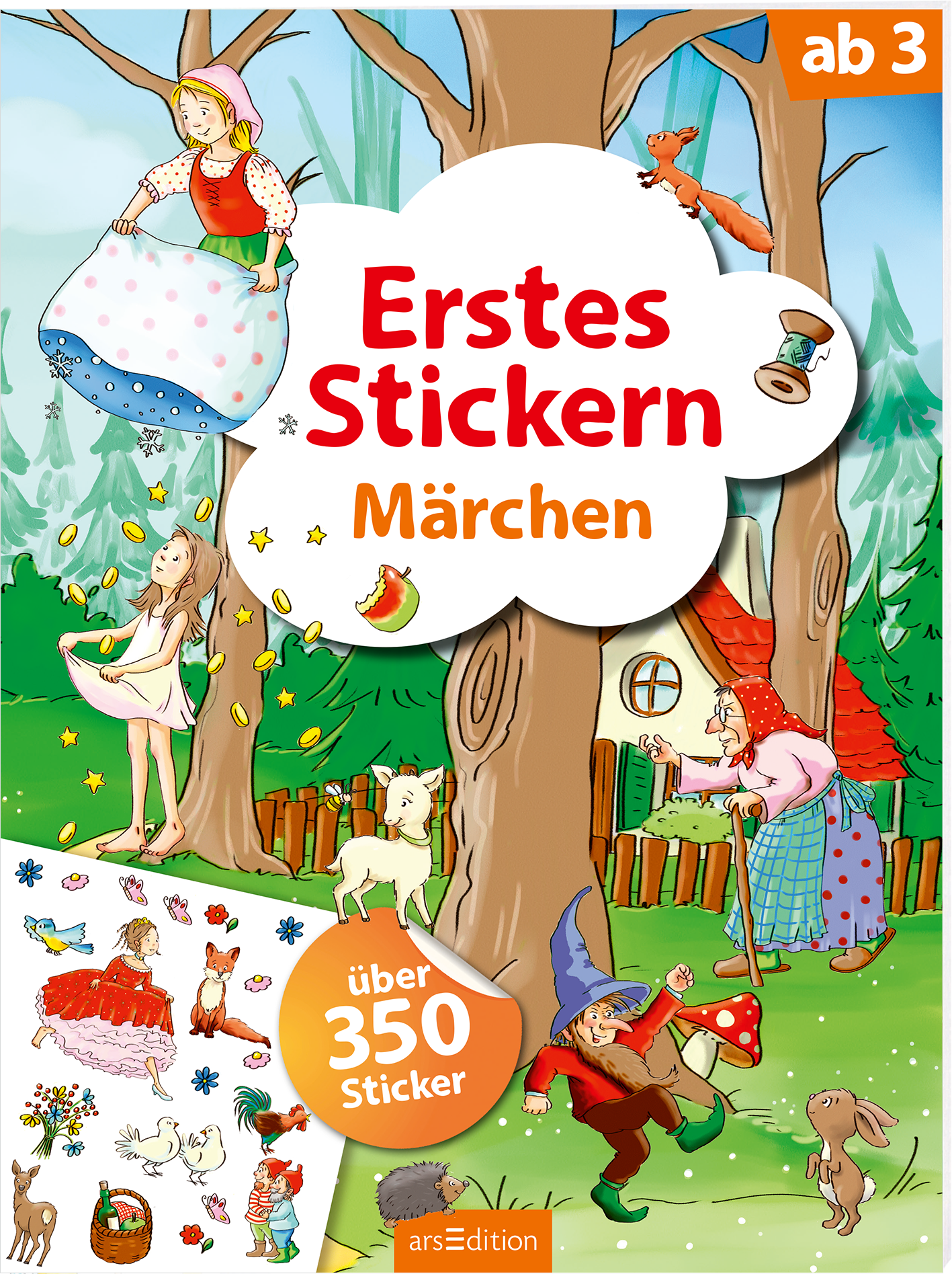 Zu sehen ist die 3D-Ansicht des Titels. Das Buchcover zeigt eine lebendige Märchenlandschaft mit fröhlichen Illustrationen. Im Vordergrund sind Märchenfiguren zu sehen wie ein Gnom und eine ältere Dame. Die Hauptfarbe des Covers ist ein helles Grün, ergänzt durch kräftige Rot- und Blautöne. Der Titel „Erstes Stickern Märchen“ steht in großen, roten Buchstaben in einer Sprechblase. In der unteren linken Ecke befindet sich ein Hinweis „über 350 Sticker“. Ganz unten mittig steht...