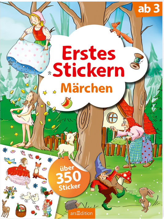 Zu sehen ist die 3D-Ansicht des Titels. Das Buchcover zeigt eine lebendige Märchenlandschaft mit fröhlichen Illustrationen. Im Vordergrund sind Märchenfiguren zu sehen wie ein Gnom und eine ältere Dame. Die Hauptfarbe des Covers ist ein helles Grün, ergänzt durch kräftige Rot- und Blautöne. Der Titel „Erstes Stickern Märchen“ steht in großen, roten Buchstaben in einer Sprechblase. In der unteren linken Ecke befindet sich ein Hinweis „über 350 Sticker“. Ganz unten mittig steht...