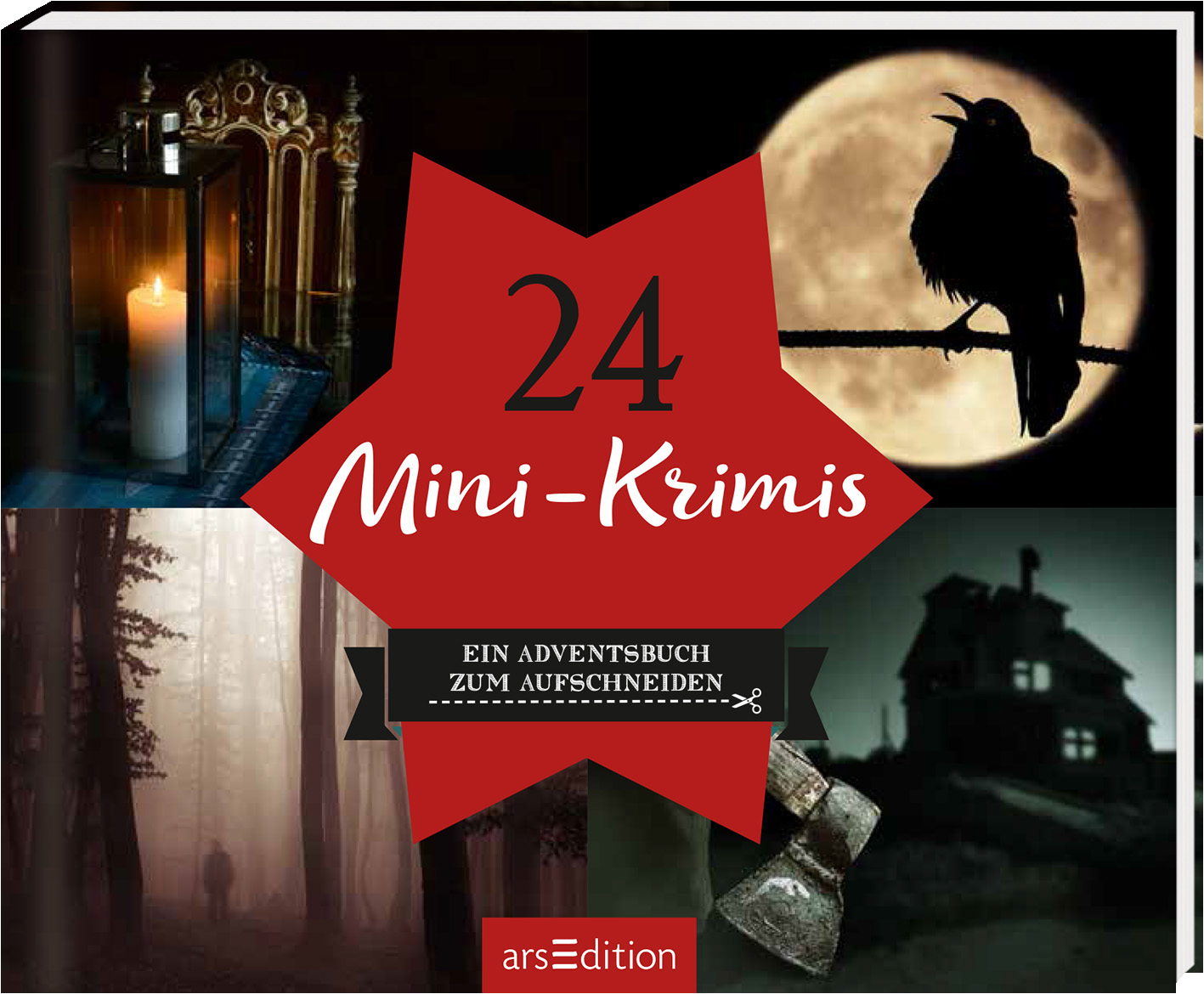 Das Cover zeigt eine collageartige Anordnung aus vier Bildern, die eine geheimnisvolle und düstere Atmosphäre vermitteln. In der Mitte befindet sich ein auffälliger roter Stern, auf dem „24 Mini-Krimis“ in weißer Schrift steht. Darunter prangt der Untertitel „Ein Adventsbuch zum Aufschneiden“. Links unten ist ein Kerzenlicht zu sehen, während rechts oben ein Vogel vor einem Vollmond sitzt. Ganz unten mittig steht der Logoschriftzug von arsEdition.
