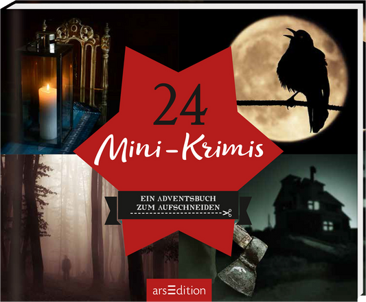 Das Cover zeigt eine collageartige Anordnung aus vier Bildern, die eine geheimnisvolle und düstere Atmosphäre vermitteln. In der Mitte befindet sich ein auffälliger roter Stern, auf dem „24 Mini-Krimis“ in weißer Schrift steht. Darunter prangt der Untertitel „Ein Adventsbuch zum Aufschneiden“. Links unten ist ein Kerzenlicht zu sehen, während rechts oben ein Vogel vor einem Vollmond sitzt. Ganz unten mittig steht der Logoschriftzug von arsEdition.