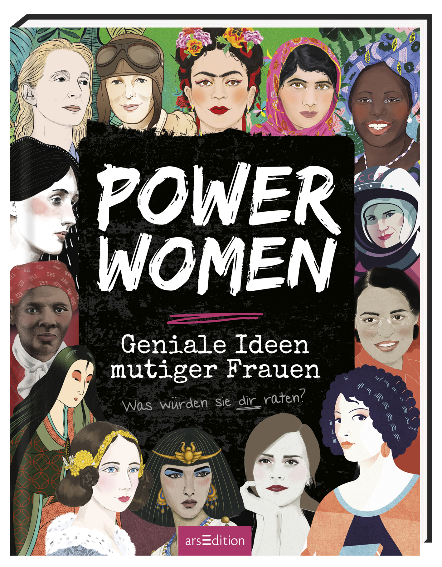 Das Buchcover zeigt eine lebendige Collage von historischen und zeitgenössischen Frauen aus verschiedenen Kulturen, die alle stark und inspirierend wirken. Die zentralen Farben sind lebhaft und vielfältig, mit einem schwarzen Hintergrund, der die Figuren hervorhebt. Der Titel „POWER WOMEN“ präsentiert sich in fetter, weißer Schrift mit einem farbigen Akzent. Darunter steht in kleinerer Schrift: „Geniale Ideen mutiger Frauen“, gefolgt von „Was würden sie dir raten?“. Ganz unten...
