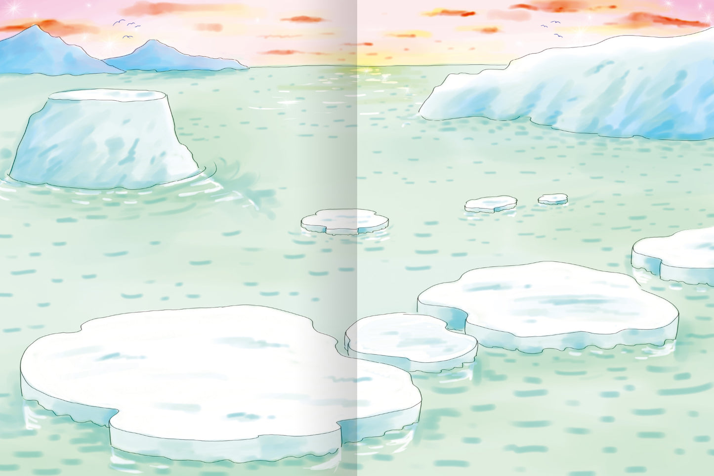 Gezeigt wird eine Innen- oder Zusatzansicht von „Erstes Stickern – Lieblingstiere“. Die Illustration zeigt eine friedliche Wasserlandschaft mit mehreren schneebedeckten Eisflächen, die auf sanften Wellen treiben. Im Hintergrund sind sanfte, blaue Berge zu sehen, während der Himmel in warmen Rosatönen erleuchtet ist. Die Farben sind sanft und einladend, in pastelligen Tönen gehalten. Die Typografie ist klar und freundlich, ideal für die Zielgruppe.