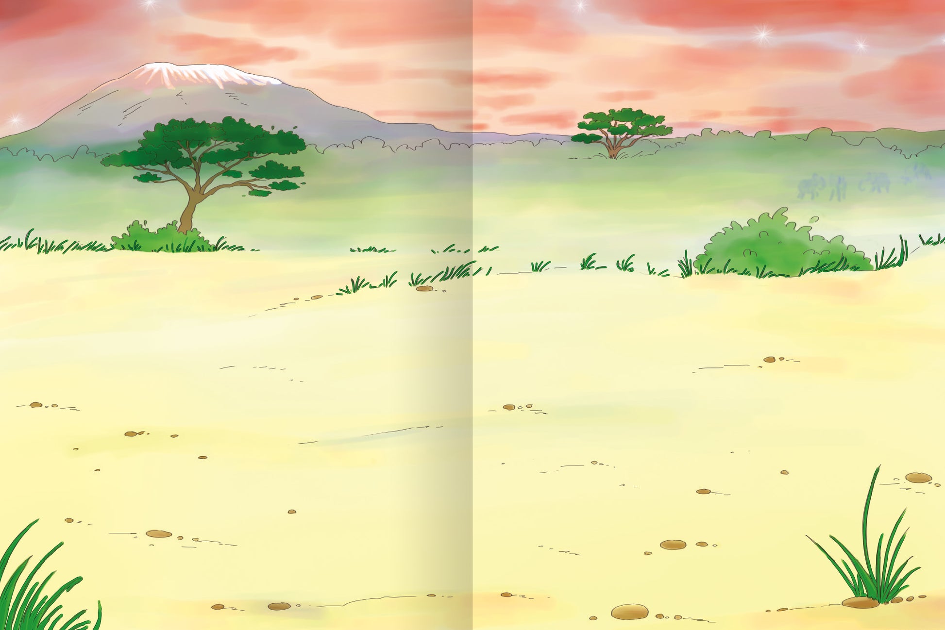 Gezeigt wird eine Innen- oder Zusatzansicht von „Erstes Stickern – Lieblingstiere“. Die Illustration zeigt eine weite, sandige Landschaft mit sanften Hügeln, die von einigen Bäumen in sattem Grün akzentuiert wird. Im Hintergrund ist ein schneebedeckter Berg unter einem rosafarbenen Himmel zu sehen, der mit sanften Wolken aufgelockert wird. Die Farben sind lebendig und erzeugen eine einladende Atmosphäre, während die Zeichnung in einem einfachen, kindgerechten Stil gehalten ist.