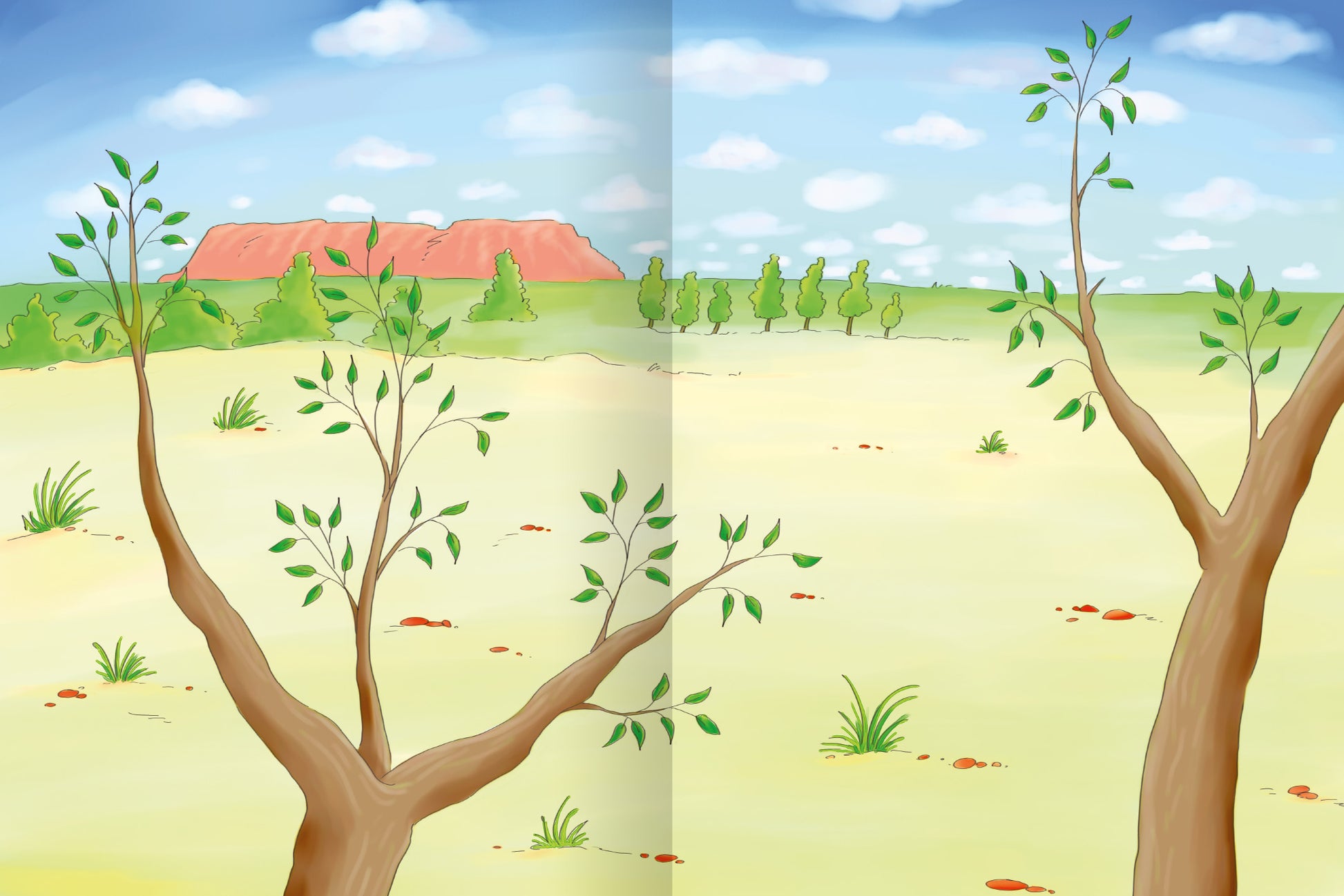 Gezeigt wird eine Innen- oder Zusatzansicht von „Erstes Stickern – Lieblingstiere“. Die Illustration zeigt eine offene Landschaft mit einem weitläufigen, sandigen Boden. Im Vordergrund sind einige stilisierte Bäume mit leuchtend grünen Blättern, die in warmen Erdtönen dargestellt sind. Im Hintergrund erheben sich sanfte Hügel unter einem klaren, hellblauen Himmel mit weißen Wolken. Die Farben sind hell und freundlich, was eine einladende Atmosphäre schafft.