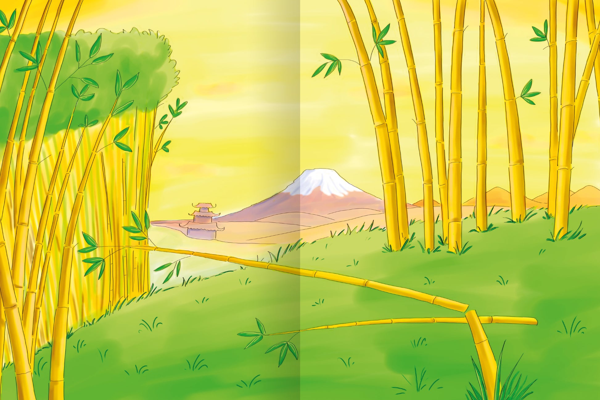 Gezeigt wird eine Innen- oder Zusatzansicht von „Erstes Stickern – Lieblingstiere“. Die Illustration zeigt eine friedliche Landschaft mit hohen, gelben Bambusstämmen, die im Vordergrund stehen, sowie sanften, grünen Wiesen. Im Hintergrund erhebt sich der schneebedeckte Gipfel des Berges Fuji. Der Himmel hat eine warme, gelbe Farbtonung und strahlt eine einladende Atmosphäre aus. Die typografischen Elemente sind verspielt und kindgerecht gestaltet, um das Thema der Tiere ansprechend zu...