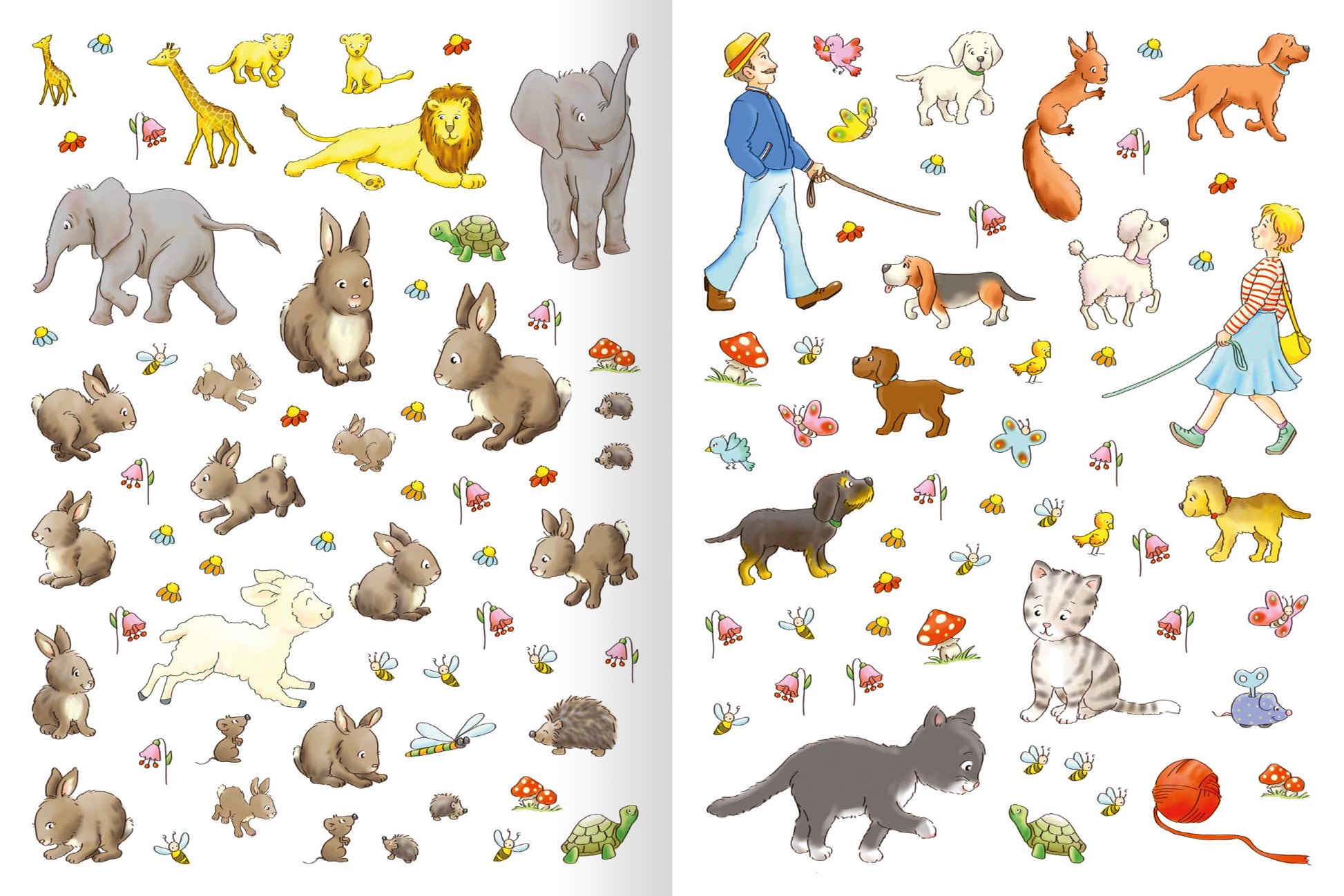 Gezeigt wird eine Innen- oder Zusatzansicht von „Erstes Stickern – Lieblingstiere“. Die Seite zeigt eine Vielzahl von bunten Tierstickern, darunter Elefanten, Hasen, Katzen und einen Löwen. Die Illustrationen sind lebhaft gestaltet, mit sanften Farben wie Gelb, Braun, Grau und Rosa. Auf der rechten Seite sind figurative Darstellungen eines Jungen und eines Mädchens, die mit ihren Hunden spazieren gehen. Der Hintergrund ist hell und einladend, ideal für Kinder.