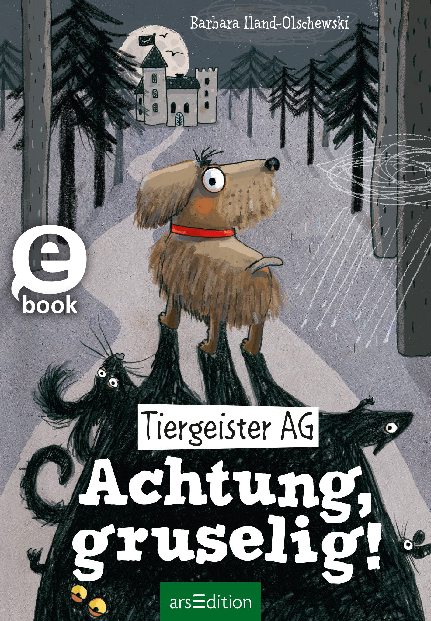 Auf dem Cover ist ein niedlicher, brauner Hund mit einem roten Halsband abgebildet, der in einer schaurigen Waldlandschaft steht. Im Hintergrund ist ein geheimnisvolles Schloss und ein großer, runder Mond zu sehen. Um den Hund herum sind katzenartige Schatten, die eine gruselige Atmosphäre erzeugen. Der Titel „Achtung, gruselig!“ ist prominent in einer verspielten Schriftart platziert. Oben links befindet sich ein Button mit der Aufschrift „eBook“. Ganz unten mittig steht der...