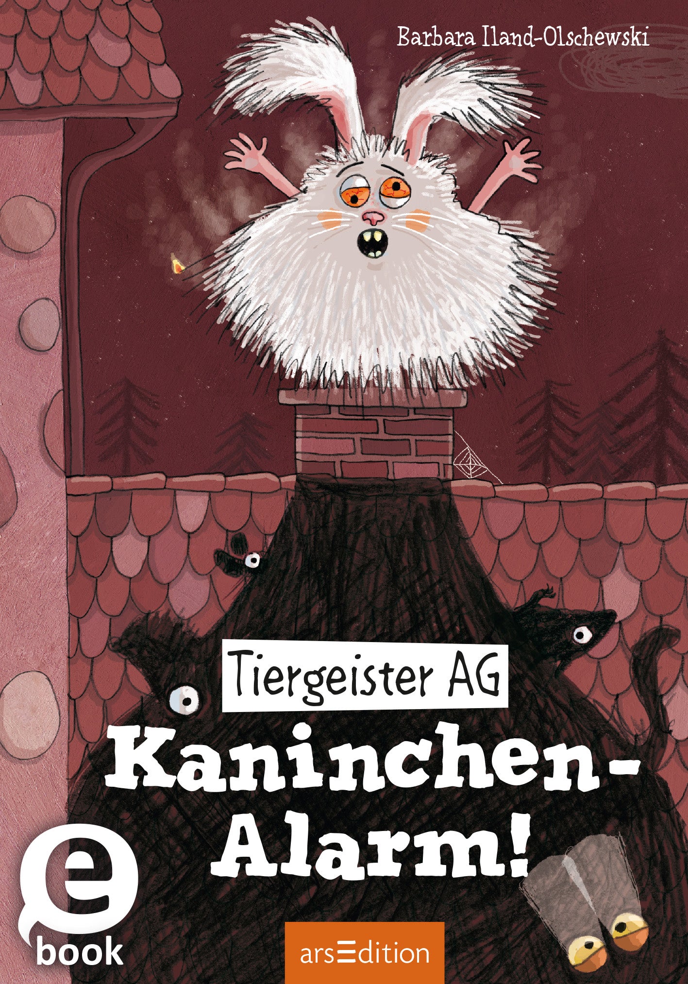 Das Cover zeigt einen bunten, illustrierten Hintergrund in warmen Rottönen. Im Mittelpunkt steht ein lustiger, weißer Hase mit einer auffälligen Frisur, der freudig die Arme hebt. Um ihn herum sind kleine, neugierige, schwarze Tiere, die aus dem Dunkeln hervorschauen. Der Titel „Kaninchen-Alarm!“ ist in einer verspielten Schriftart mittig platziert, darunter steht „Tiergeister AG“. Ein orangefarbener Button mit dem Text „eBook“ befindet sich am unteren Rand. Ganz unten mittig...