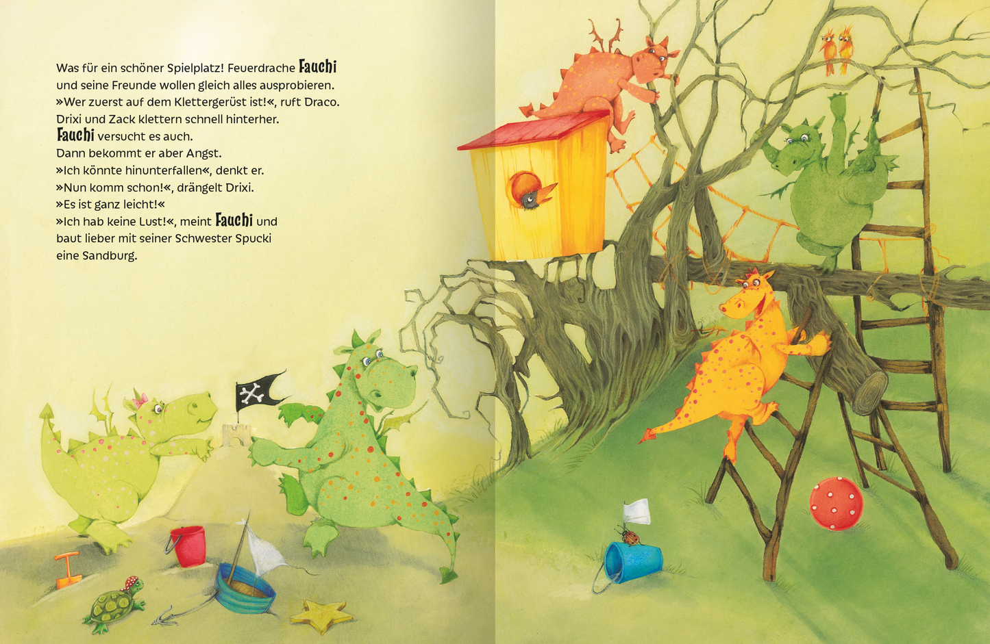 Gezeigt wird eine Innen- oder Zusatzansicht von „Der kleine Trotzdrache“. Die Illustration zeigt eine bunte Spielszenen im Freien mit verschiedenen Drachen. Lebhafte Farben wie Grün, Rot und Gelb prägen das Bild. In der Mitte stehen zwei grüne Drachen, während ein orangefarbener Drache auf einer Leiter sitzt. Im Hintergrund ist ein Baum mit einer roten Spielhütte, und im Vordergrund sind verschiedene Spielzeuge wie ein Eimer und ein Ball platziert. Die Schrift ist groß und gut lesbar,...