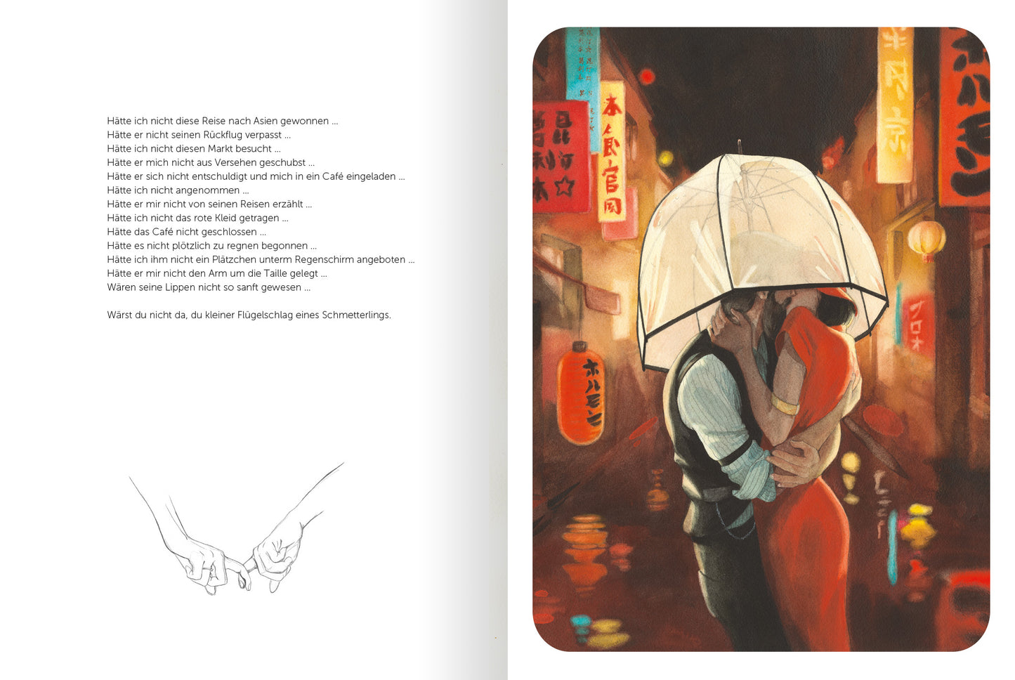 Gezeigt wird eine Innenansicht von „Mama“. Auf der rechten Seite ist ein zartes, farbenfrohes Bild eines Paares zu sehen, das sich unter einem großen weißen Regenschirm küsst. Die Aufmachung ist warm und einladend, mit leuchtenden roten und gelben Farbtönen, die an eine asiatische Stadt erinnern. Auf der linken Seite steht ein poetischer Text in serifenloser Schrift, der in sanften Grautönen gehalten ist und eine emotionalen Geschichte erzählt.