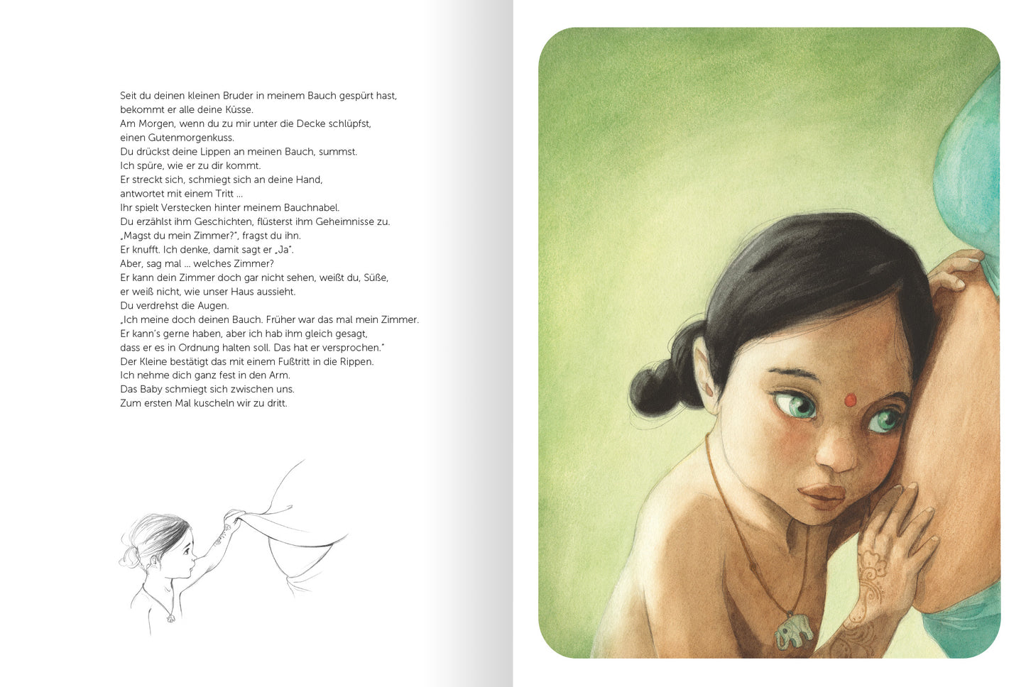 Gezeigt wird eine Innen- oder Zusatzansicht von „Mama“. Die Seite zeigt eine sanfte, aquarellartige Illustration eines kleinen Mädchens mit dunklen Haaren und einer roten Binde auf der Stirn, die neugierig und nachdenklich wirkt. Im Hintergrund sind sanfte, grüne und blaue Farbtöne zu sehen. Der Text ist in einer klaren, gut lesbaren Schriftart gesetzt, die sich harmonisch in die Bildgestaltung einfügt. Ein skizzenhaftes Element in der linken Ecke zeigt eine Mutter in Interaktion mit...