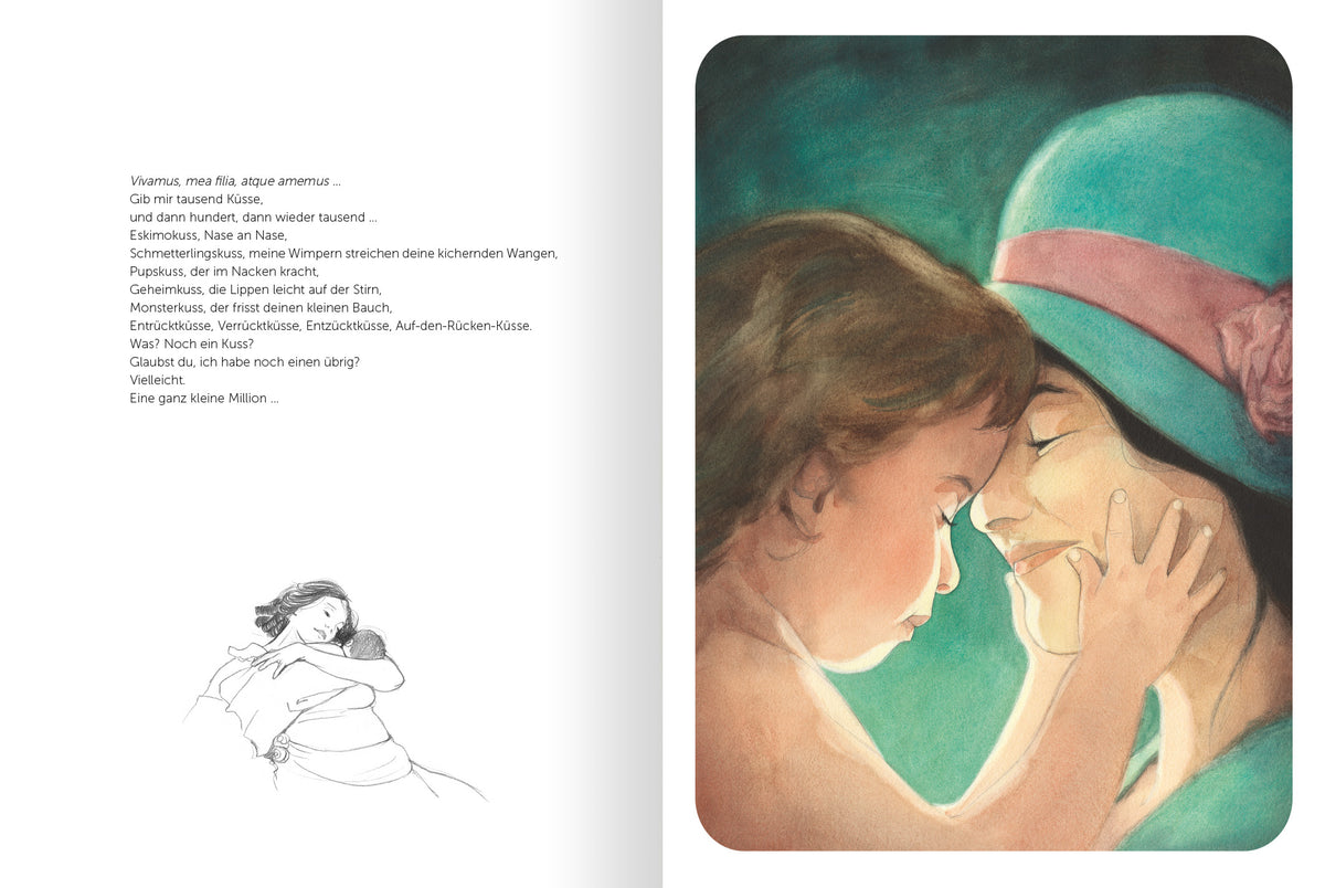 Gezeigt wird eine Innen- oder Zusatzansicht von „Mama“. Auf der linken Seite ist eine sanfte, skizzierte Darstellung einer Umarmung zu sehen, die liebevolle Zärtlichkeit vermittelt. Die rechte Seite zeigt eine farbige Illustration einer Mutter, die mit ihrem Kind Gesicht an Gesicht ist, umgeben von sanften Grüntönen und einem hellblauen Hut. Die Typografie des Textes ist klar und gut lesbar, wobei die emotionalen Worte in Schwarz und der Hintergrund in sanften Pastelltönen gestaltet...