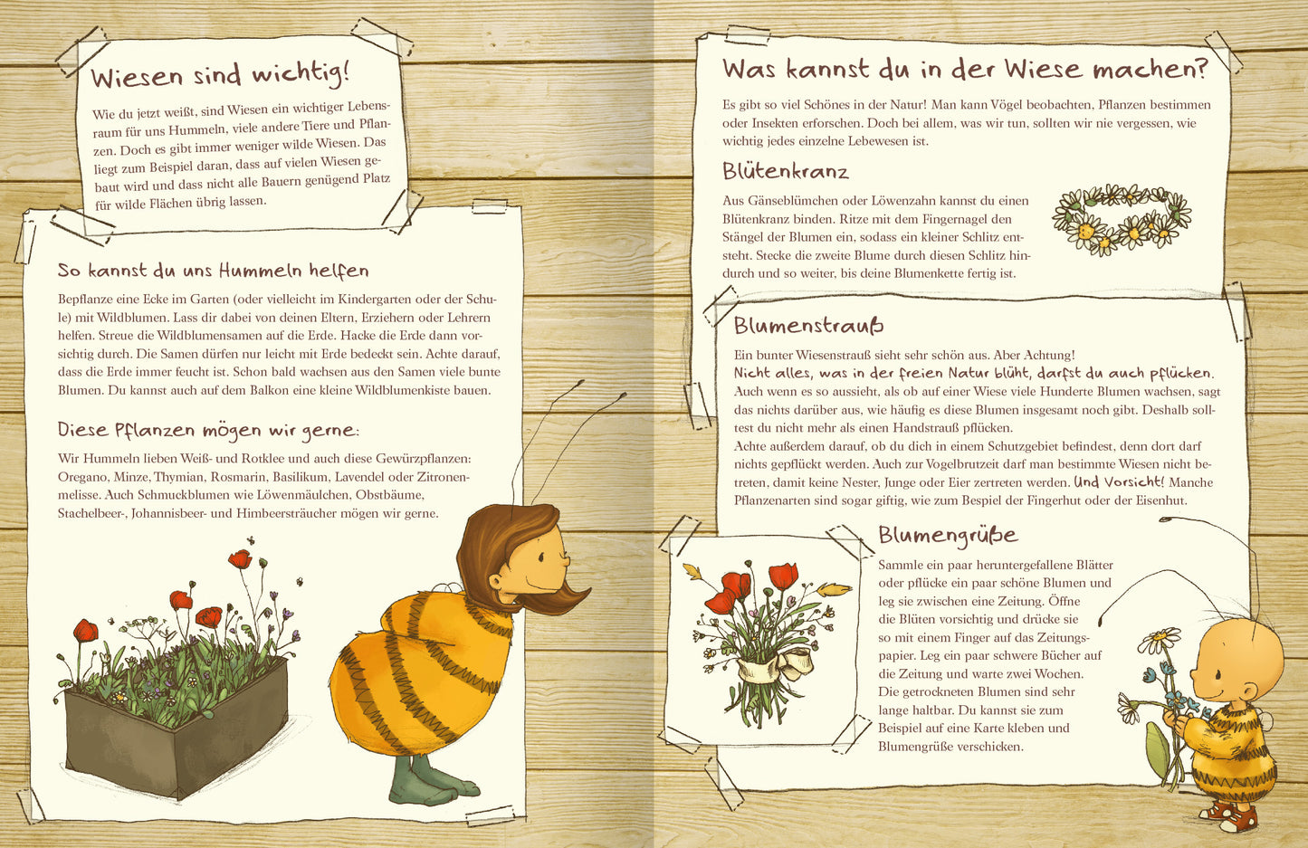 Gezeigt wird eine Innenansicht von „Die kleine Hummel Bommel entdeckt die Wiese“. Die Illustration zeigt im Hintergrund einen Holzzaun, an den verschiedene informative Texte zum Thema Wiesenpflege und weiteren Themen geklebt wurden. Unterstützt wird der Text durch Illustrationen von einem Blumenbeet, einem Blumenkranz und einem Blumenstrauß. Rechts unten befindet sich die kleine Hummel Bommel mit einem Blumenstrauß in der Hand. Ihr gegenüber auf der linken Seite befindet sich eine...