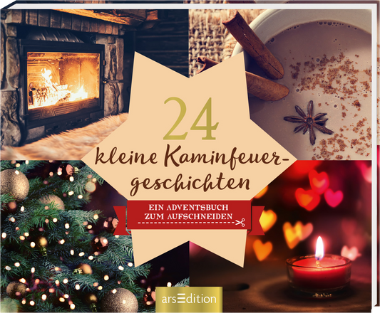 Das Buchcover zeigt ein harmonisches, weihnachtliches Arrangement in warmen, einladenden Farben. In einem quadratischen Layout befinden sich Bilder von einem prasselnden Kaminfeuer, einer Tasse mit Zimtstangen, einem geschmückten Weihnachtsbaum und einer brennenden Kerze. Der Titel „24 kleine Kaminfeuergeschichten“ ist in geschwungener, eleganter Typografie oben platziert. Unten, auf rotem Hintergrund, steht der Untertitel „Ein Adventsbuch zum Aufschneiden“. Ein...