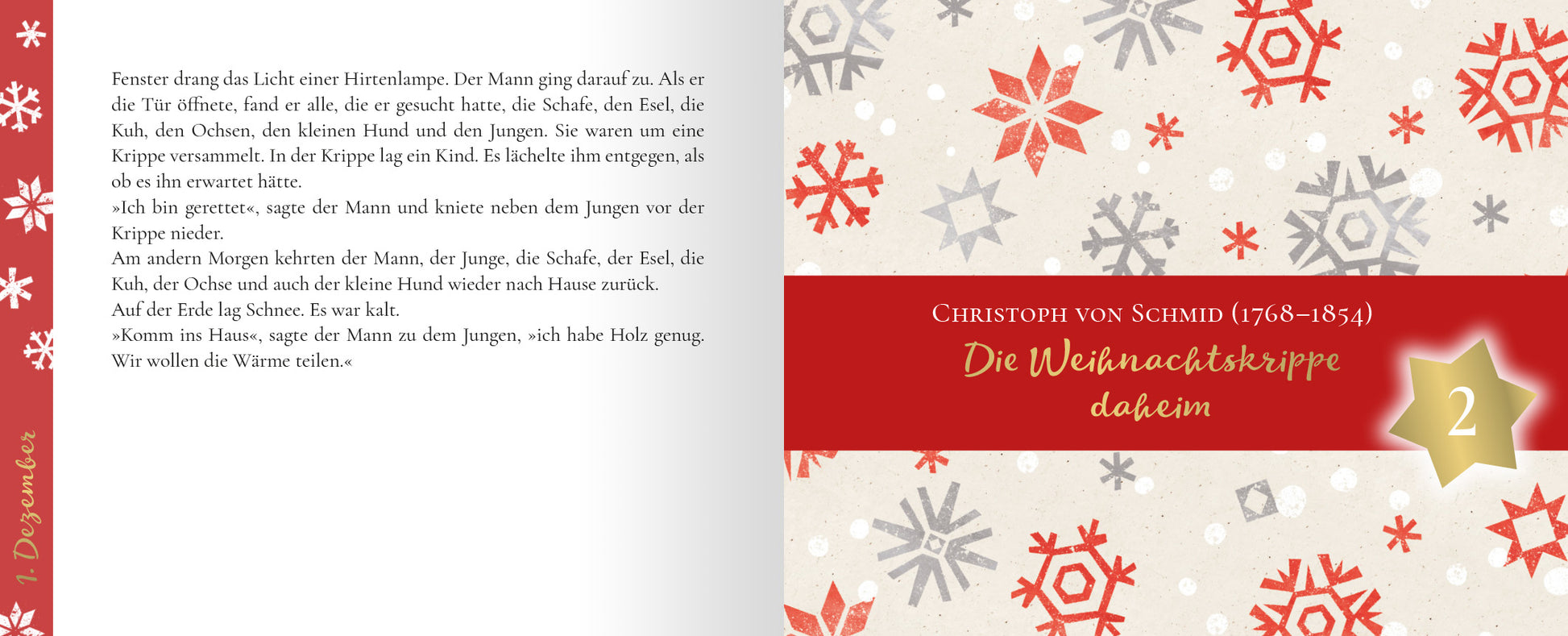 Gezeigt wird eine Innen- oder Zusatzansicht von „24 kleine Kaminfeuergeschichten“. Der Hintergrund ist hell und mit grauen, roten und weißen Schneeflockenmotiven verziert. Im oberen Bereich befindet sich ein breiter roter Streifen mit der Aufschrift „Die Weihnachtskrippe“ in goldener Schrift, umrahmt von einer goldenen Sternform. Die Schrift ist klar und gut lesbar, während die geschmackvollen Illustrationen eine festliche Atmosphäre schaffen.