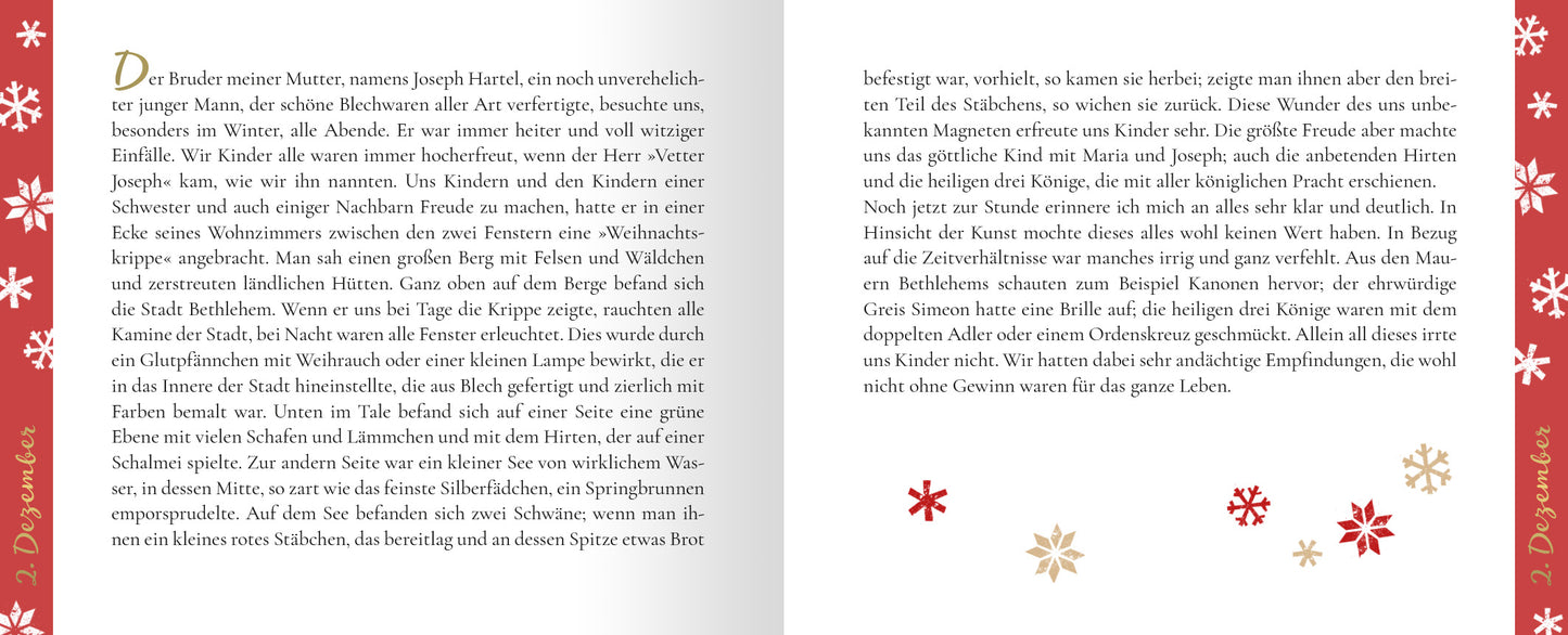 Gezeigt wird eine Innenansicht von „24 kleine Kaminfeuergeschichten“. Die Seite präsentiert einen zweispaltigen Text mit einer warmen, einladenden Farbpalette, die Rot- und Creme-Töne umfasst. Auf der linken Seite fließt der Text in einer gut lesbaren Schriftart, während die rechte Seite mit zarten, grafischen Elementen in Form von Schneeflocken und geometrischen Mustern verziert ist. Die Typografie ist klar und wirkt freundlich, was die weihnachtliche Stimmung unterstützt.