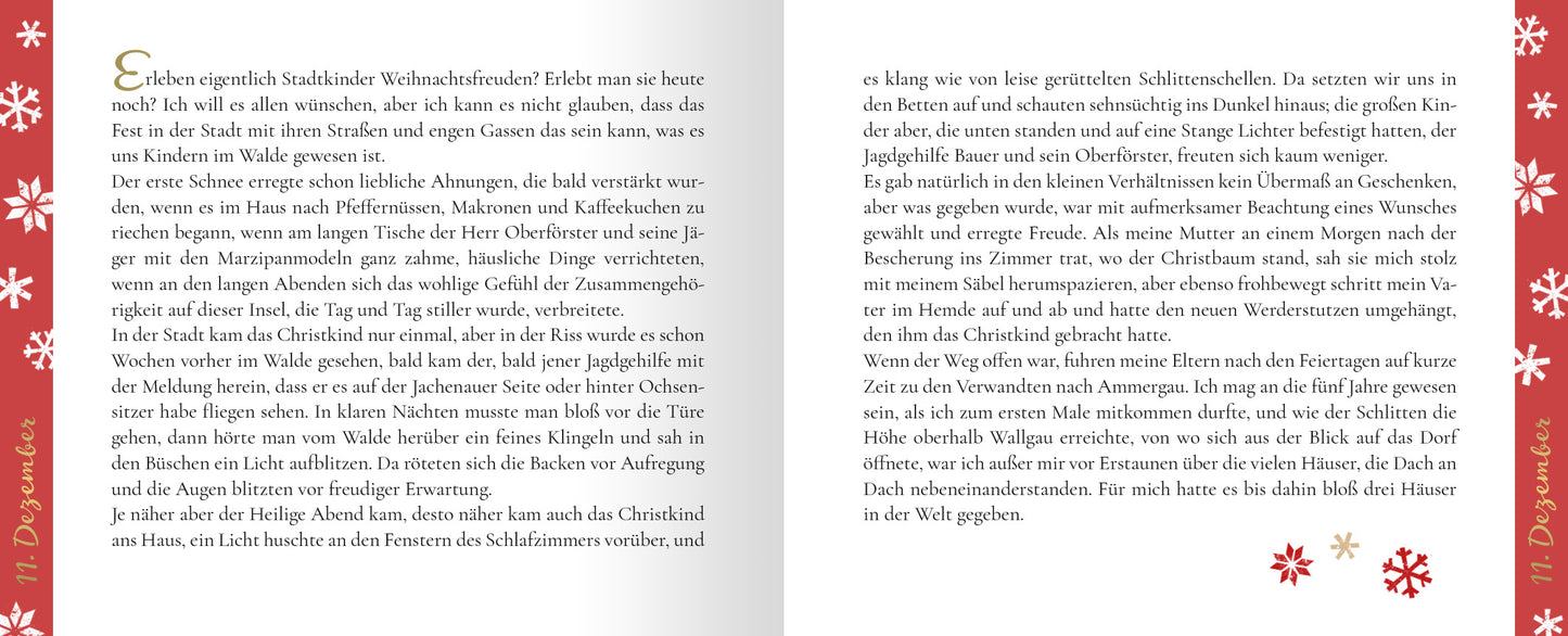 Gezeigt wird eine Innen- oder Zusatzansicht von „24 kleine Kaminfeuergeschichten“. Die Seiten sind in einem warmen, einladenden Farbton gehalten, mit einem zarten Rot- und Weiß-Kontrast. Die Schrift ist gut lesbar, elegant und in einem klassischen Serifenschriftzug gestaltet. In der linken Spalte sind stilisierte Schneeflocken und dezente weihnachtliche Motive angeordnet, während der Textfluss durch großzügige Absätze harmonisch strukturiert ist.