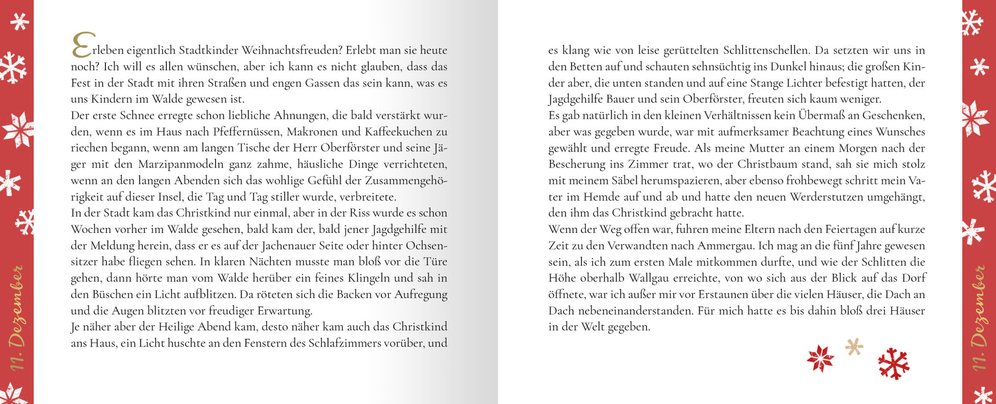 Gezeigt wird eine Innen- oder Zusatzansicht von „24 kleine Kaminfeuergeschichten“. Die Seiten sind in einem warmen, einladenden Farbton gehalten, mit einem zarten Rot- und Weiß-Kontrast. Die Schrift ist gut lesbar, elegant und in einem klassischen Serifenschriftzug gestaltet. In der linken Spalte sind stilisierte Schneeflocken und dezente weihnachtliche Motive angeordnet, während der Textfluss durch großzügige Absätze harmonisch strukturiert ist.