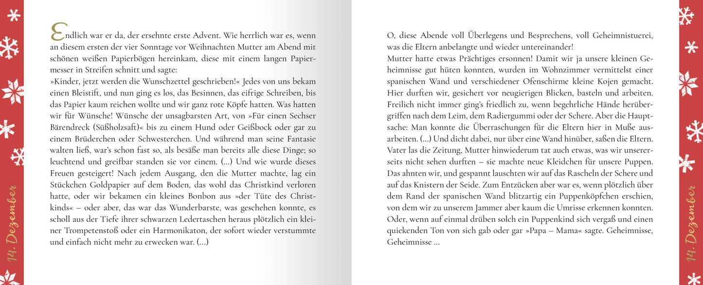 Gezeigt wird eine Innen- oder Zusatzansicht von „24 kleine Kaminfeuergeschichten“. Die Doppelseite zeigt einen hellen Hintergrund mit einem stilvollen roten Rand, dekoriert mit weißen Schneeflockenmotiven. Der Text ist in einer gut lesbaren, serifenlosen Schrift gesetzt, die eine freundliche und einladende Atmosphäre schafft. Der obere Teil ist für den Titel reserviert, während der Fließtext klar und strukturiert auf die Erzählungen eingeht. Die visuelle Gestaltung unterstützt die...