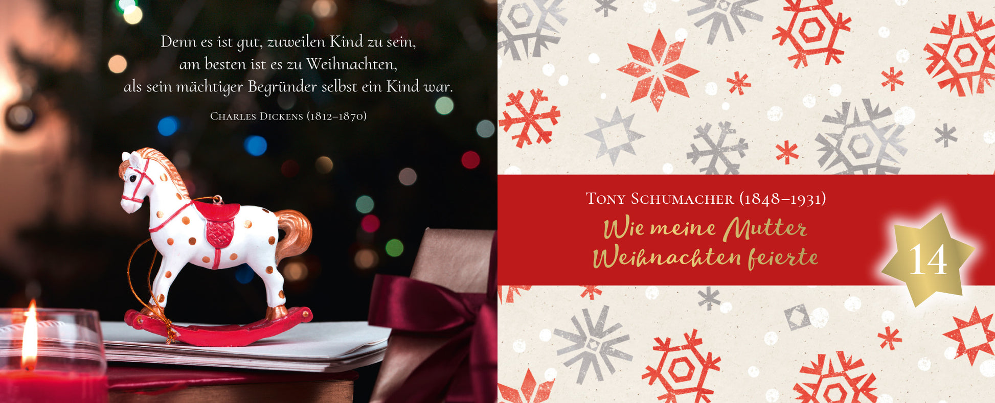 Gezeigt wird eine Innen- oder Zusatzansicht von „24 kleine Kaminfeuergeschichten“. Die linke Seite zeigt ein nostalgisches Holzspielzeugpferd in Rot und Weiß vor einem verschwommenen, festlichen Hintergrund mit Lichtern. Darunter steht ein Zitat von Charles Dickens in eleganter, geschwungener Schrift. Auf der rechten Seite befindet sich ein gestreifter Hintergrund mit roten und grauen Schneeflocken. Der Titel „Wie meine Mutter Weihnachten feierte“ ist auffällig in roter Schrift...