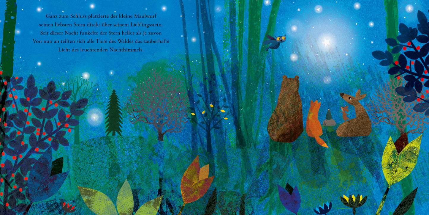 Gezeigt wird eine Innenansicht von „Der Maulwurf und die Sterne“. Die Illustration zeigt einen vom Sternenlicht hell erleuchteten nächtlichen Wald. Von hinten sieht man verschiedene Tiere des Waldes, die gemeinsam mit dem Maulwurf in den Sternenhimmel blicken. Der Text ist auf der linken Seite platziert.