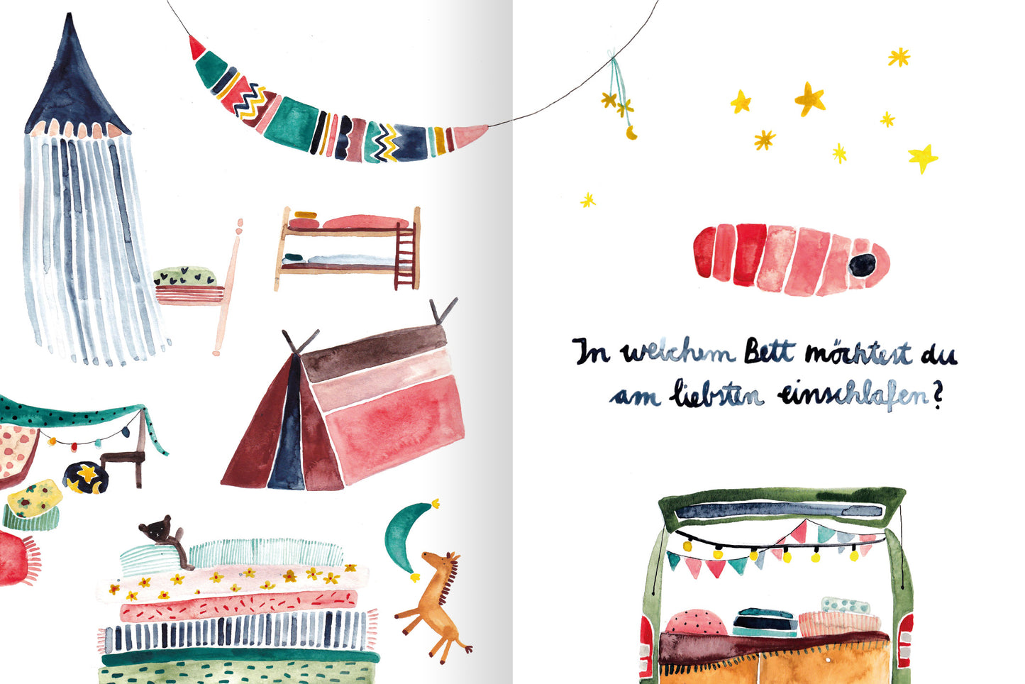 Gezeigt wird eine Innen- oder Zusatzansicht von „Die Welt, die dir gefällt“. Die Seite ist farbenfroh gestaltet mit Aquarellillustrationen von Betten, Zelten und hübschen Kissen in sanften Rottönen, Blau- und Grüntönen. Oben schwebt eine Girlande mit bunten Fahnen. Rechts befindet sich eine Frage in geschwungener, blauer Typografie: „In welchem Bett möchtest du am liebsten einschlafen?“. Die verspielte Anordnung der Elemente schafft eine einladende, träumerische Atmosphäre.