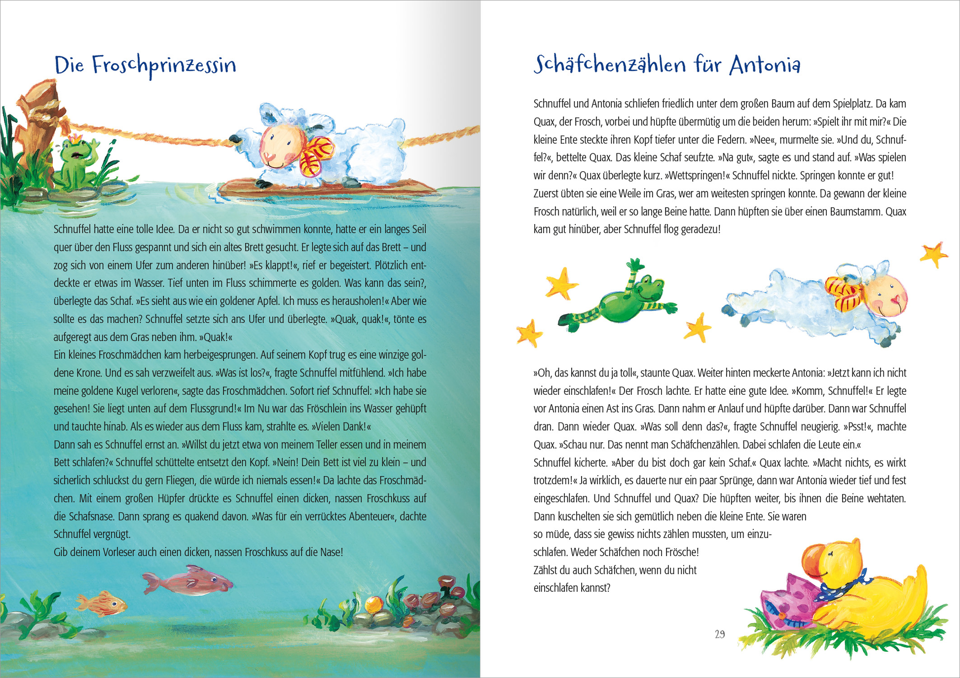 Gezeigt wird eine Innenseite von „222 Geschichten zur Guten Nacht“. Die Doppelseite präsentiert auf der linken Seite eine bunte Illustration zur Geschichte „Die Froschprinzessin“, wo ein kleines Schaf auf einer Holzplanke über ein Gewässer fährt. Auf der rechten Seite zeigt die Illustration einen Frosch und ein Schaf, die springen und eine gelbe Ente, die es sich mit einem Kissen auf einem Fleck Gras bequem macht.