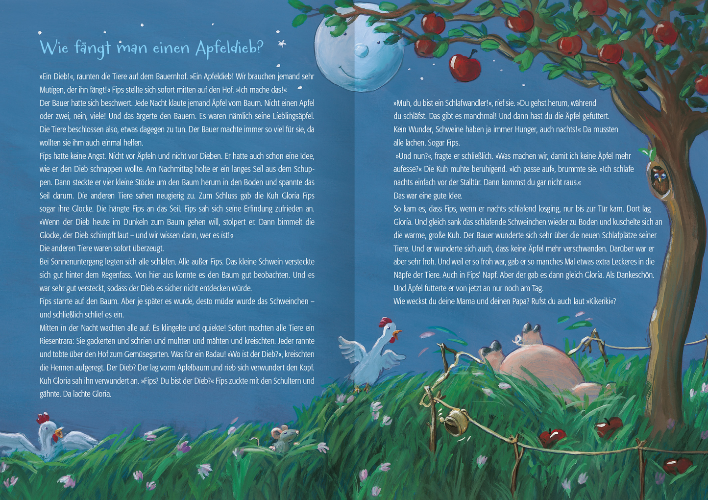 Gezeigt wird eine Innenseite von „222 Geschichten zur Guten Nacht“. Die Seite ist in einem sanften Blauton gehalten und zeigt eine nächtliche Szene mit einem großen runden Mond oben in der Mitte. Rechts ist ein großer Baum, dessen Äste reichlich mit roten Äpfeln behangen sind. Ein paar der Äpfel sind bereits in das hohe Gras darunter gefallen. Dort sind außerdem ein Schwein, zwei Hühner und eine Maus.