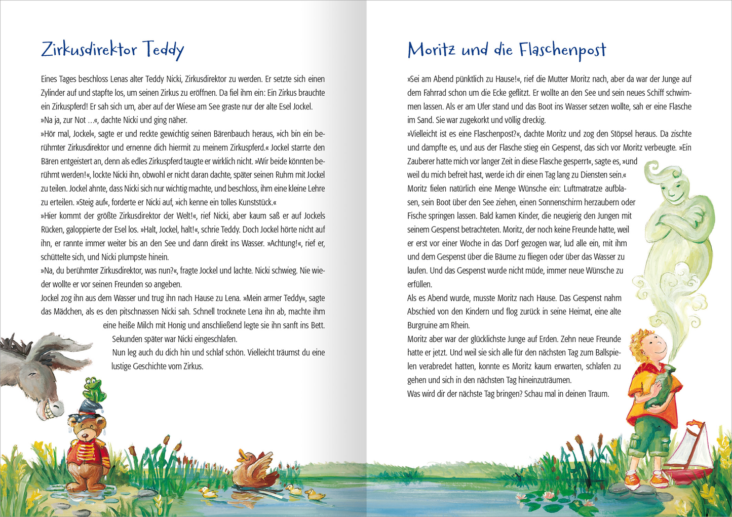 Gezeigt wird eine Innenseite von „222 Geschichten zur Guten Nacht“. Die Doppelseite zeigt zwei farbenfrohe Erzählungen. Links befindet sich die Geschichte „Zirkusdirektor Teddy“, rechts ist „Moritz und die Flaschenpost“ abgebildet. Die Illustration erstreckt sich über den unteren Teil der Seite und zeigt links einen lachenden Esel und einen Teddy in Uniform. Mittig ist ein Teich und rechts davon steht ein Junge mit einer Flasche, aus der eine Art grüner Geist aufsteigt, der das...