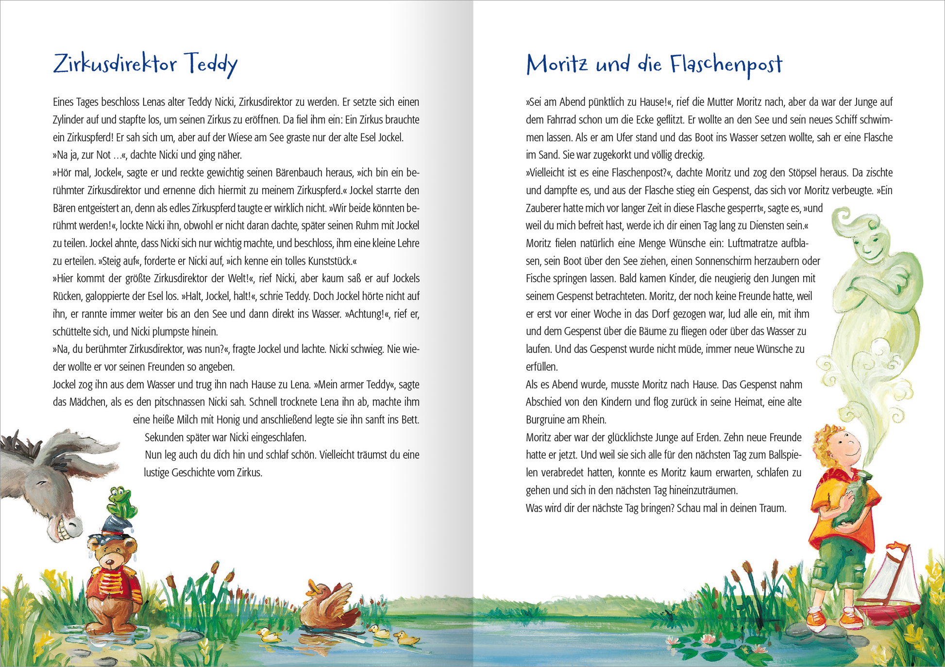 Gezeigt wird eine Innenseite von „222 Geschichten zur Guten Nacht“. Die Doppelseite zeigt zwei farbenfrohe Erzählungen. Links befindet sich die Geschichte „Zirkusdirektor Teddy“, rechts ist „Moritz und die Flaschenpost“ abgebildet. Die Illustration erstreckt sich über den unteren Teil der Seite und zeigt links einen lachenden Esel und einen Teddy in Uniform. Mittig ist ein Teich und rechts davon steht ein Junge mit einer Flasche, aus der eine Art grüner Geist aufsteigt, der das...