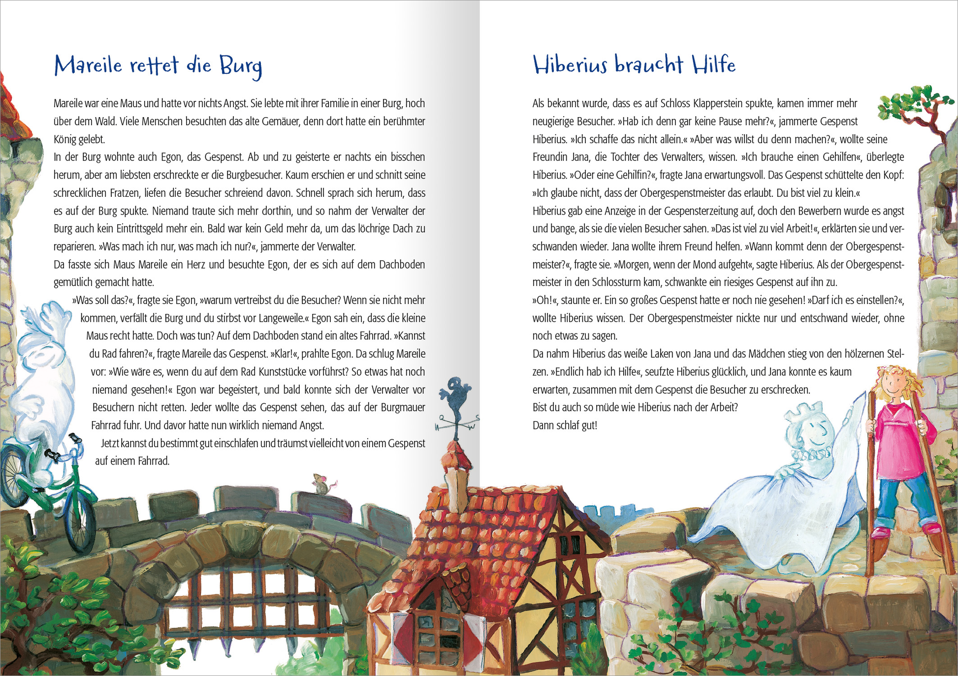 Gezeigt wird eine Innenseite von „222 Geschichten zur Guten Nacht“. Auf der linken Seite steht die Geschichte „Mareile rettet die Burg“, rechts die Geschichte „Hiberius braucht Hilfe“. Die Illustration zeigt von links nach rechts einen Burgturm, ein Fahrrad fahrendes Gespenst auf der Burgmauer, ein Burgtor mit Fallgitter, ein Fachwerkhaus und ganz rechts ein weiteres Gespenst und ein Mädchen auf Stelzen.